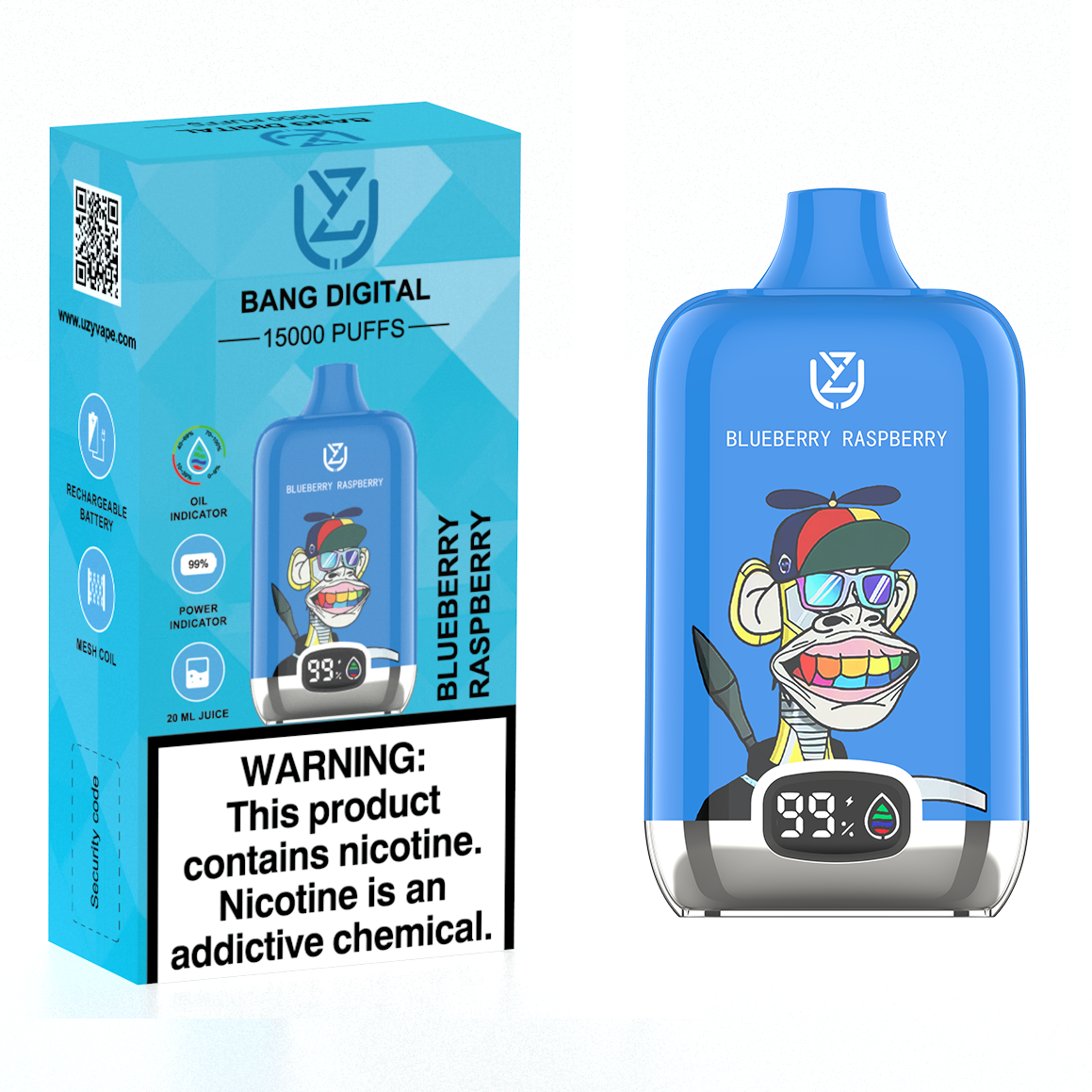 Blueberry Raspberry UZY Bang Digital 15000 Puffs Disposable Vape (20ml, 850mAh, USB‑C)