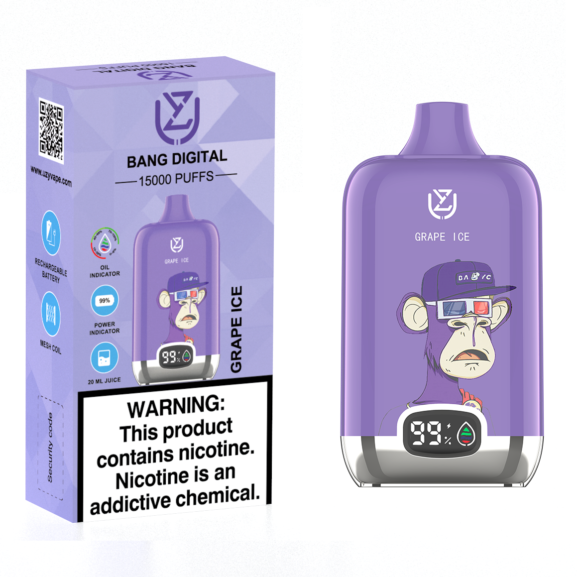 Grape Ice – UZY Bang Digital 15000 Puffs Disposable Vape (20ml, USB‑C, 850mAh)