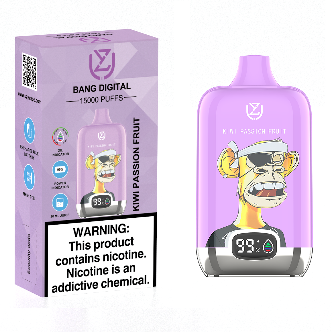 Kiwi Passion Fruit UZY Bang Digital 15000 Puffs Disposable Vape (20ml, Rechargeable 850mAh)