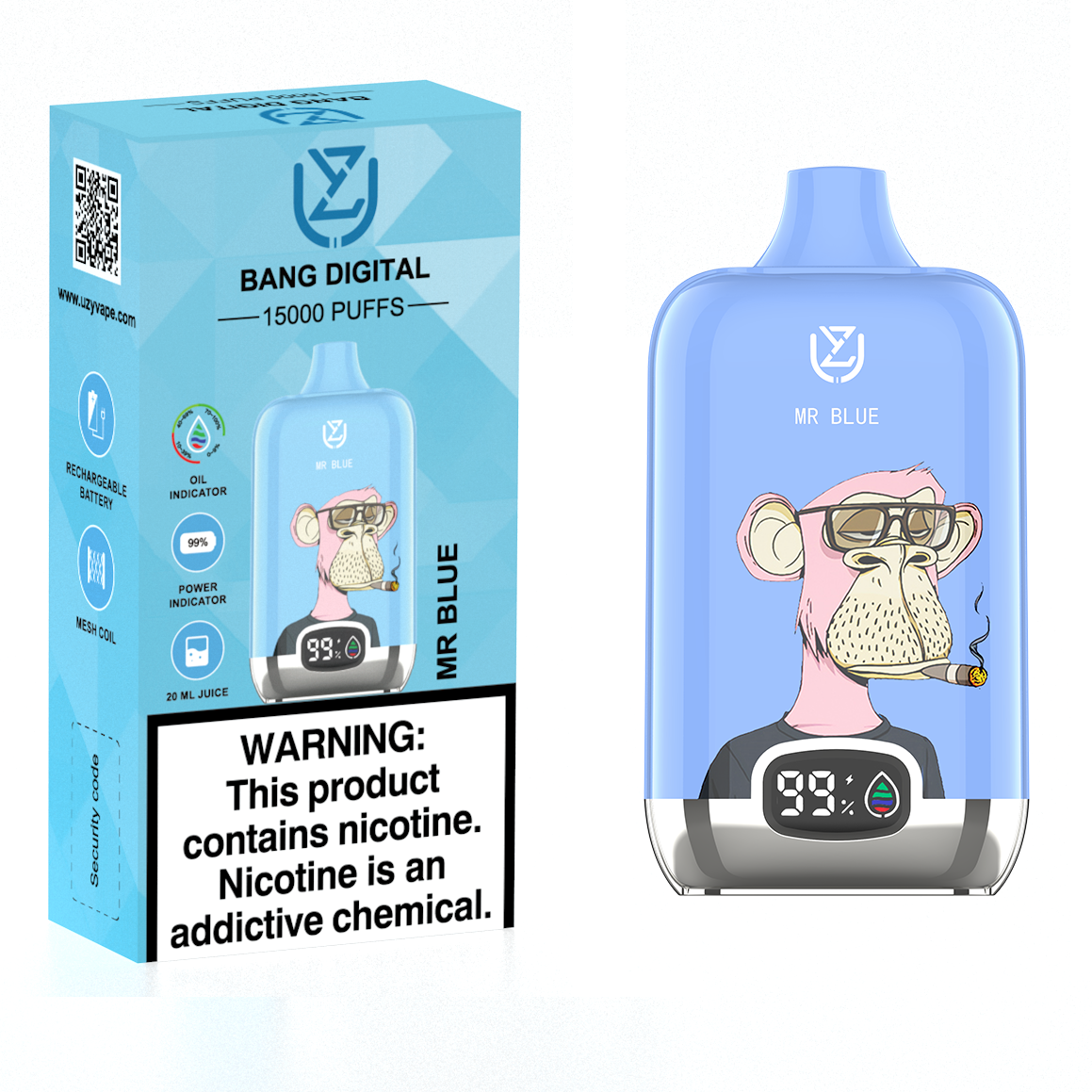 Mr Blue UZY Bang Digital 15000 Puffs Disposable Vape (20ml, 850mAh, USB‑C)