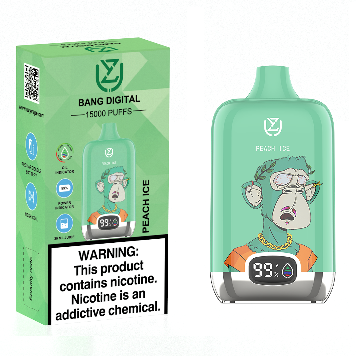 Peach Ice UZY Bang Digital 15000 Puffs Disposable Vape (20ml, Rechargeable 850mAh)