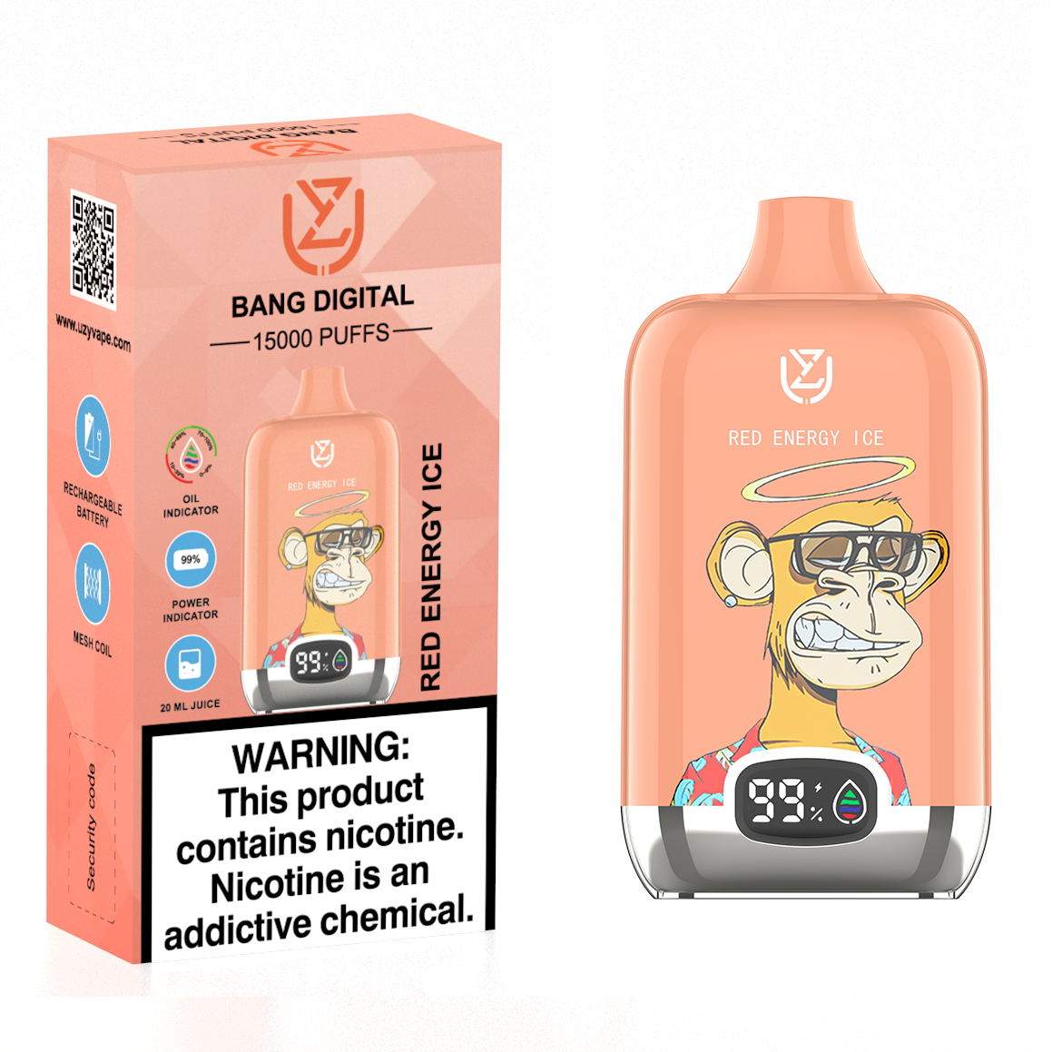 Red Energy Ice – UZY Bang Digital 15000 Puffs Disposable Vape (20ml, 850mAh, USB‑C)