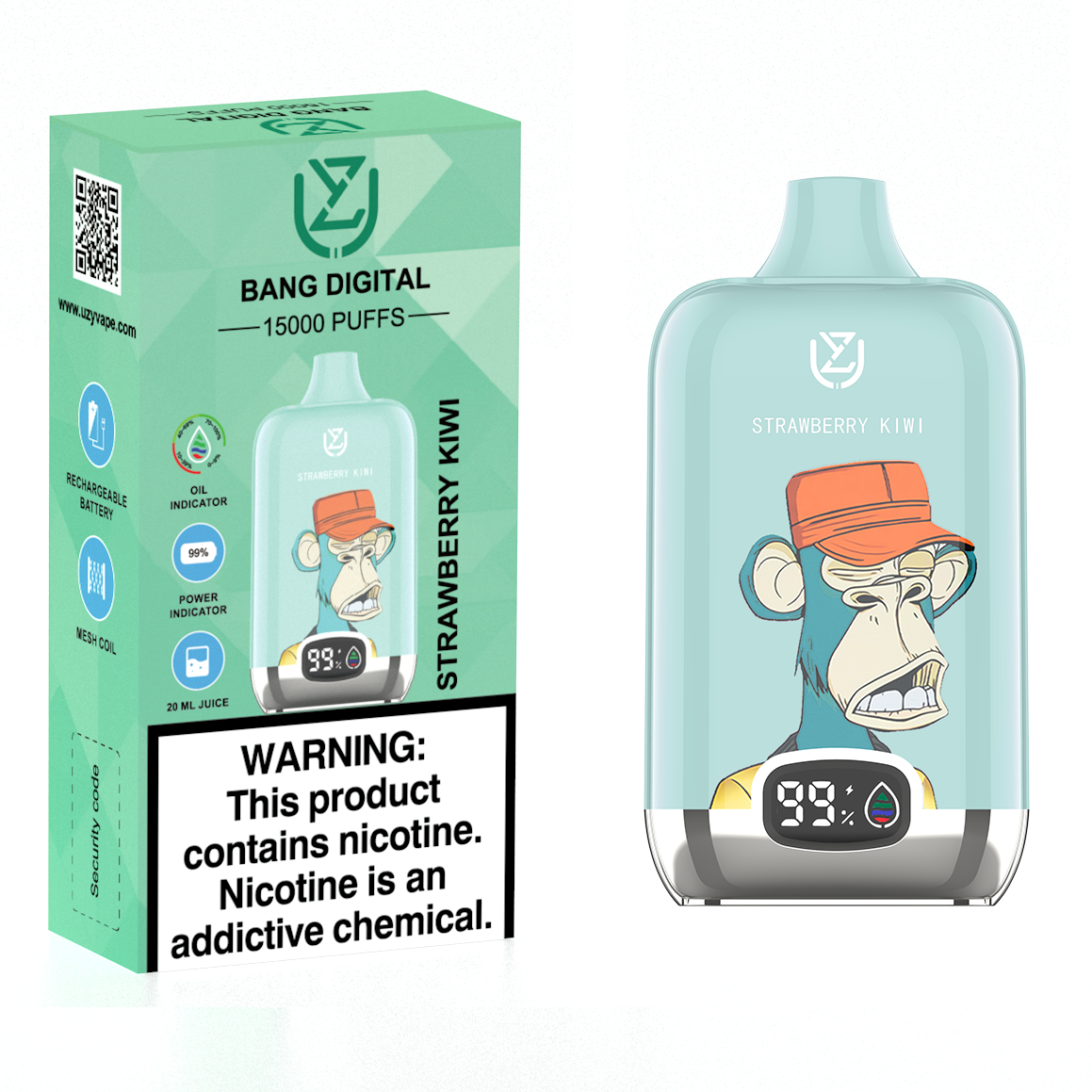 Strawberry Kiwi UZY Bang Digital 15000 Puffs Disposable Vape (20ml, 850mAh, USB-C)