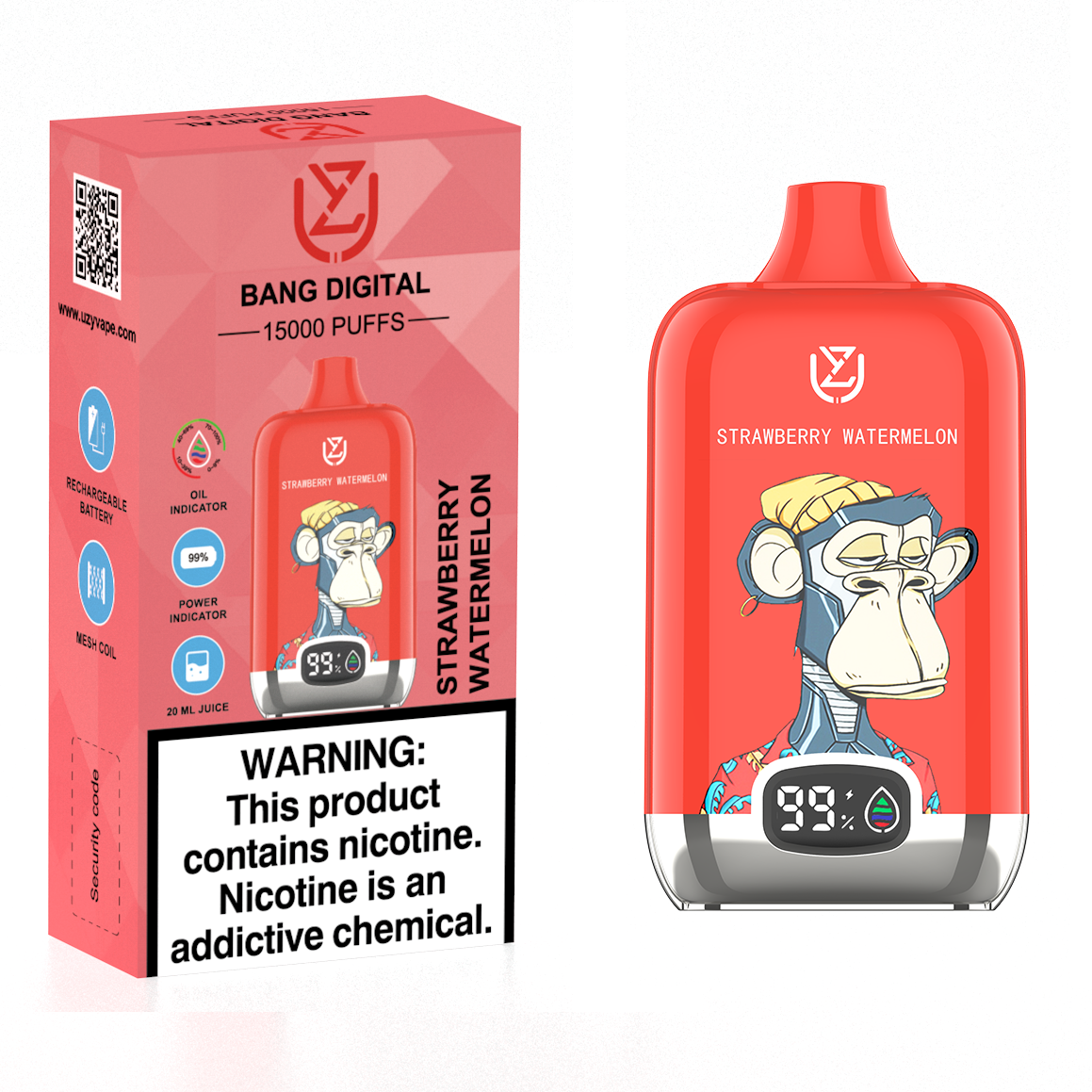 Strawberry Watermelon UZY Bang Digital 15000 Puffs Disposable Vape (20ml, 850mAh, USB‑C)
