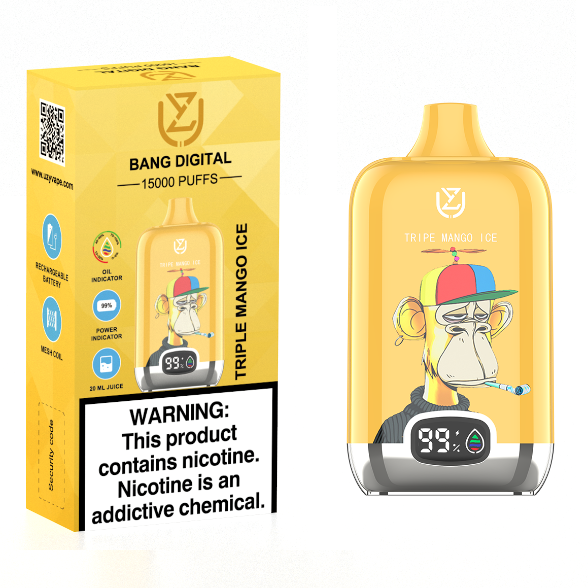 Triple Mango Ice – UZY Bang Digital 15000 Puffs Disposable Vape (20ml, Rechargeable 850mAh)