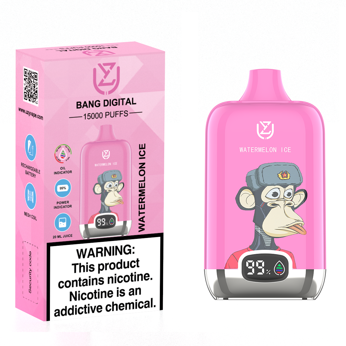 Watermelon Ice UZY Bang Digital 15000 Puffs Disposable Vape (20ml, 850mAh, USB-C)