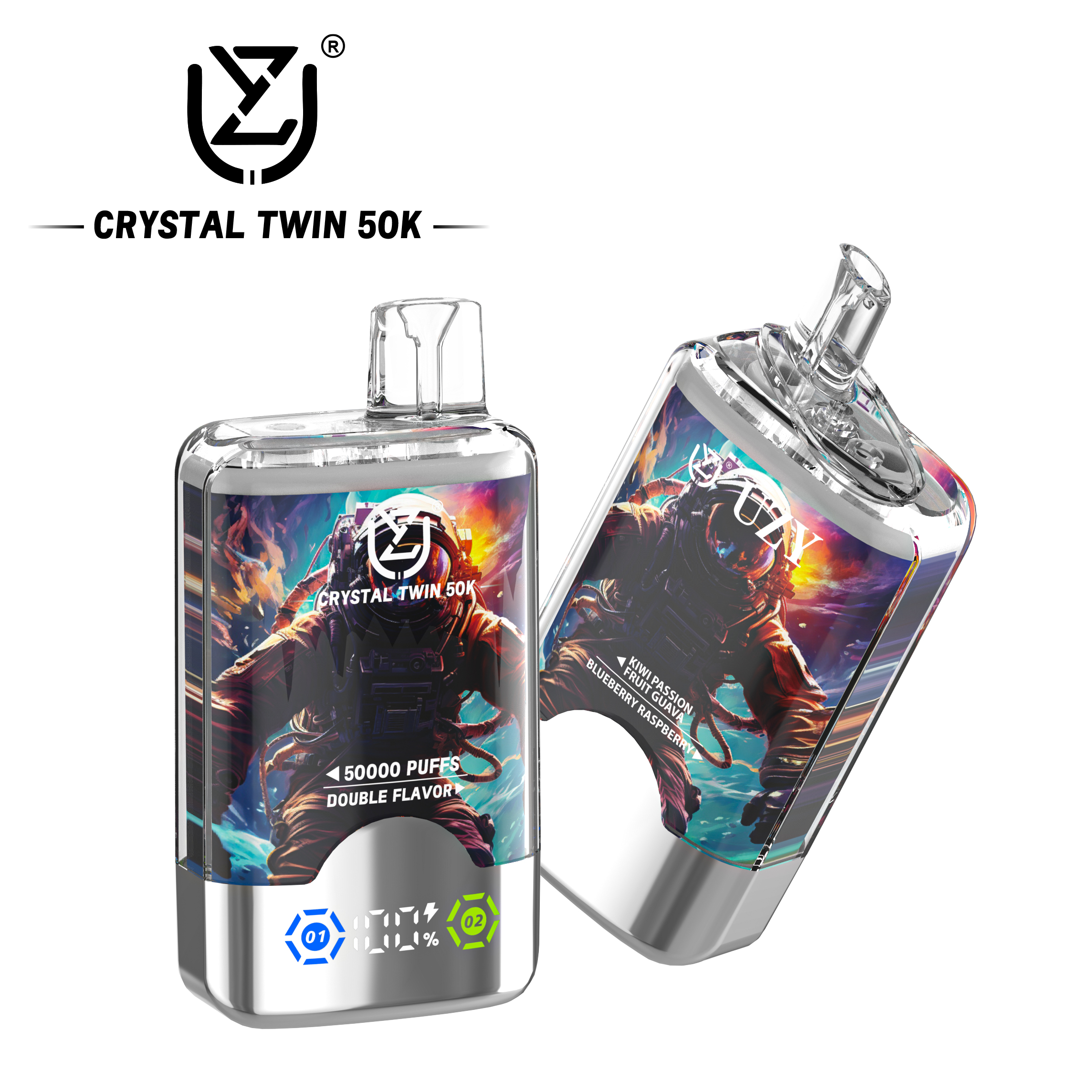 UZY Crystal Twin 50000 Puffs Dual Flavor Disposable Vape – Kiwi Passion Fruit Guava / Blueberry Raspberry (Rechargeable, Display)