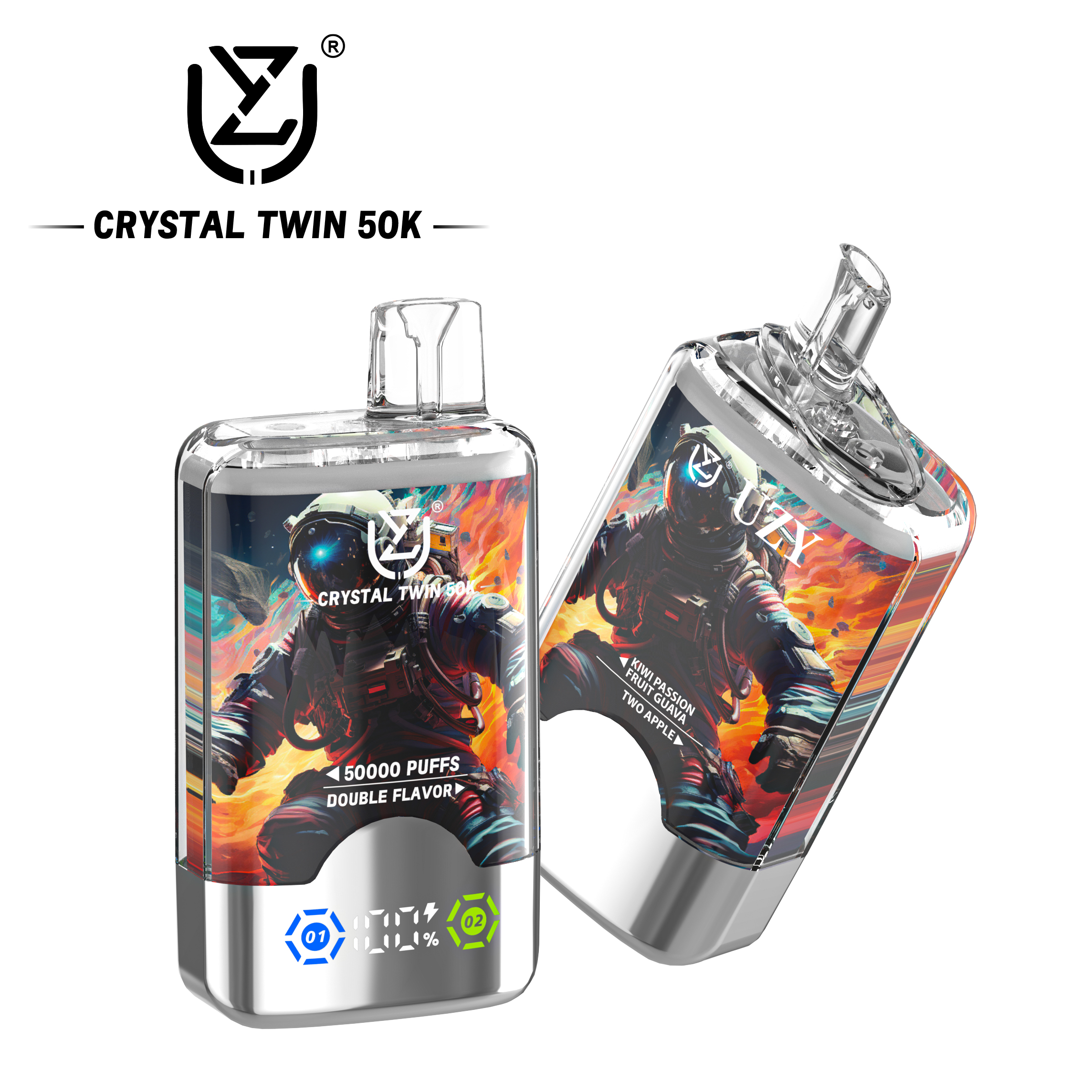 UZY Crystal Twin 50000 Puffs Dual Flavor Disposable Vape – Kiwi Passion Fruit Guava & Two Apple (2×20ml, 850mAh, Type‑C, Display)