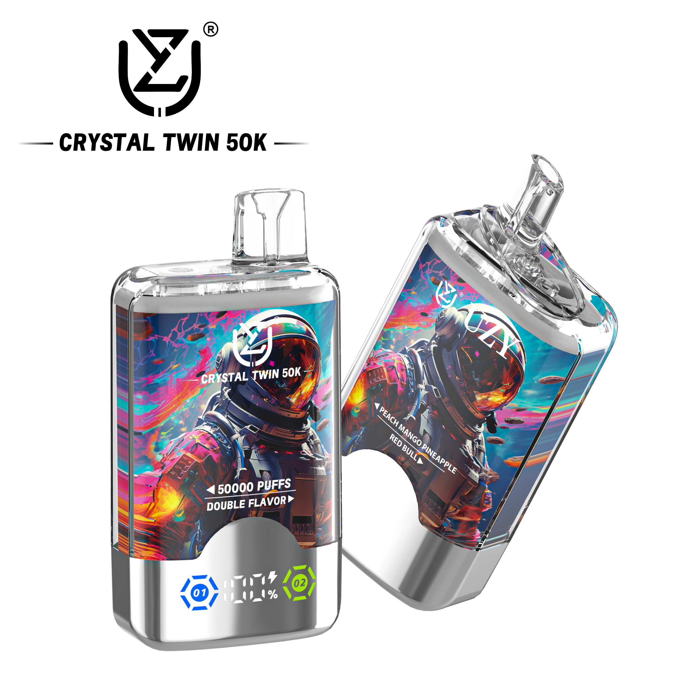 UZY Crystal Twin 50000 Puffs Dual Flavor Disposable Vape – Peach Mango Pineapple + Red Bull (40ml, 850mAh, Type‑C, Display)