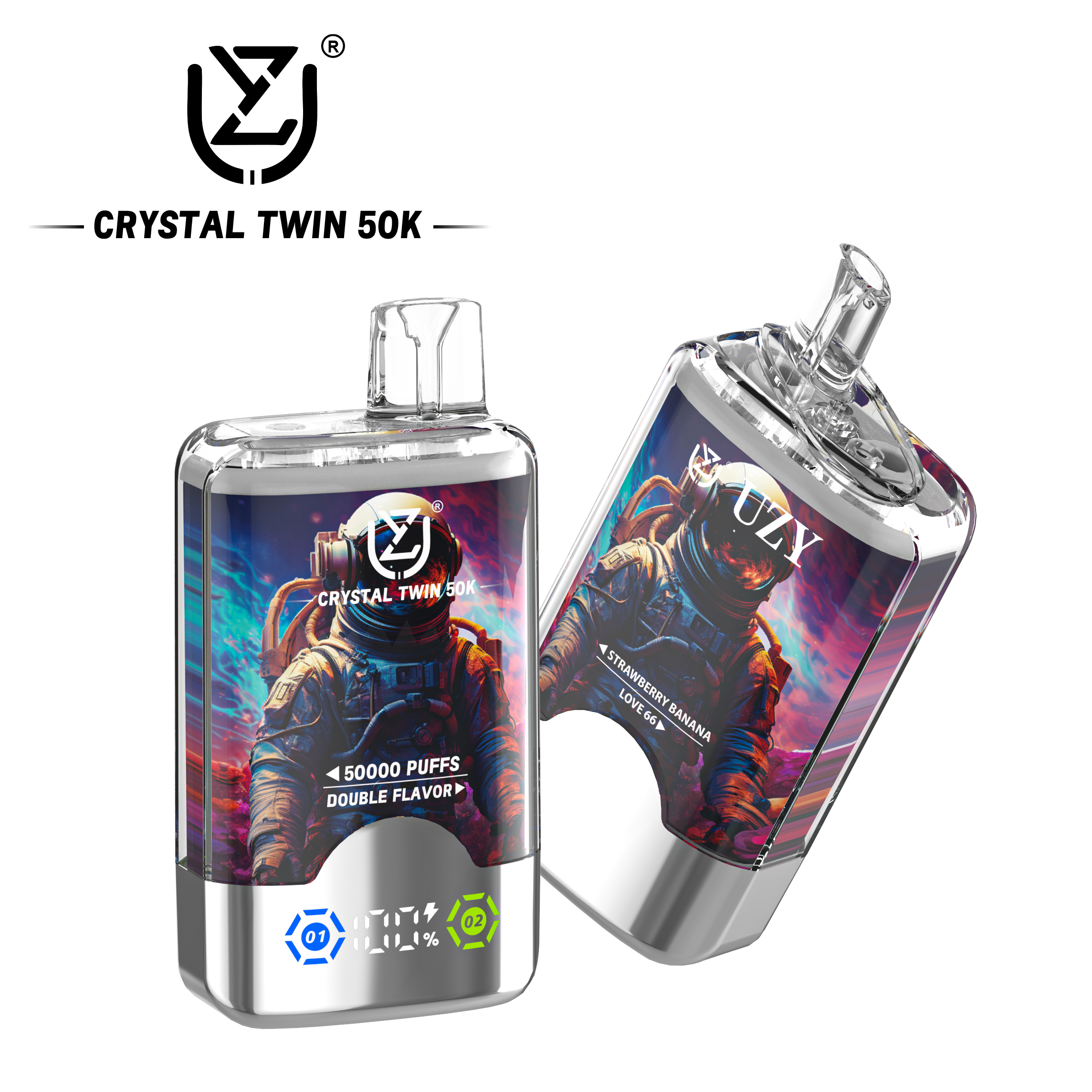 UZY Crystal Twin 50000 Puffs Dual Flavor Disposable Vape – Strawberry Banana & Love 66 (40ml, Rechargeable, Display)
