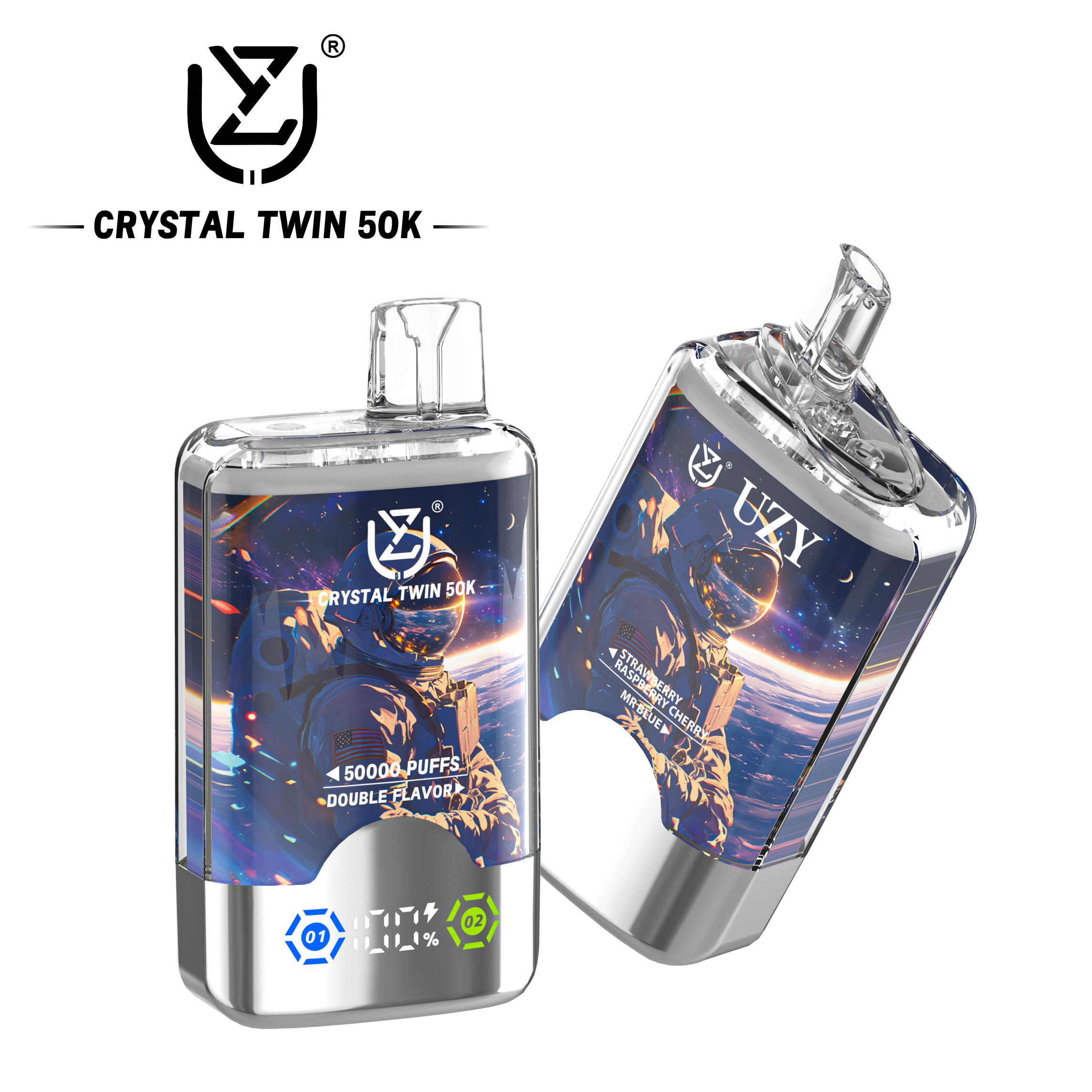 UZY Crystal Twin 50000 Puffs Dual Flavor Disposable Vape – Strawberry & Raspberry Cherry (40ml, 850mAh, Type‑C, Display)