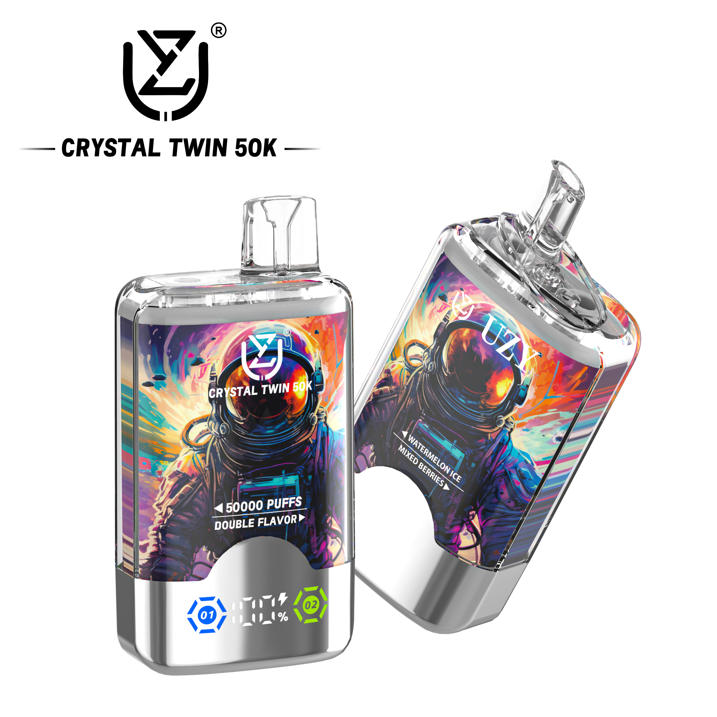 UZY Crystal Twin 50000 Puffs Dual Flavor Vape – Watermelon & Mixed Berries (2×20ml, 850mAh, Type‑C, Display)