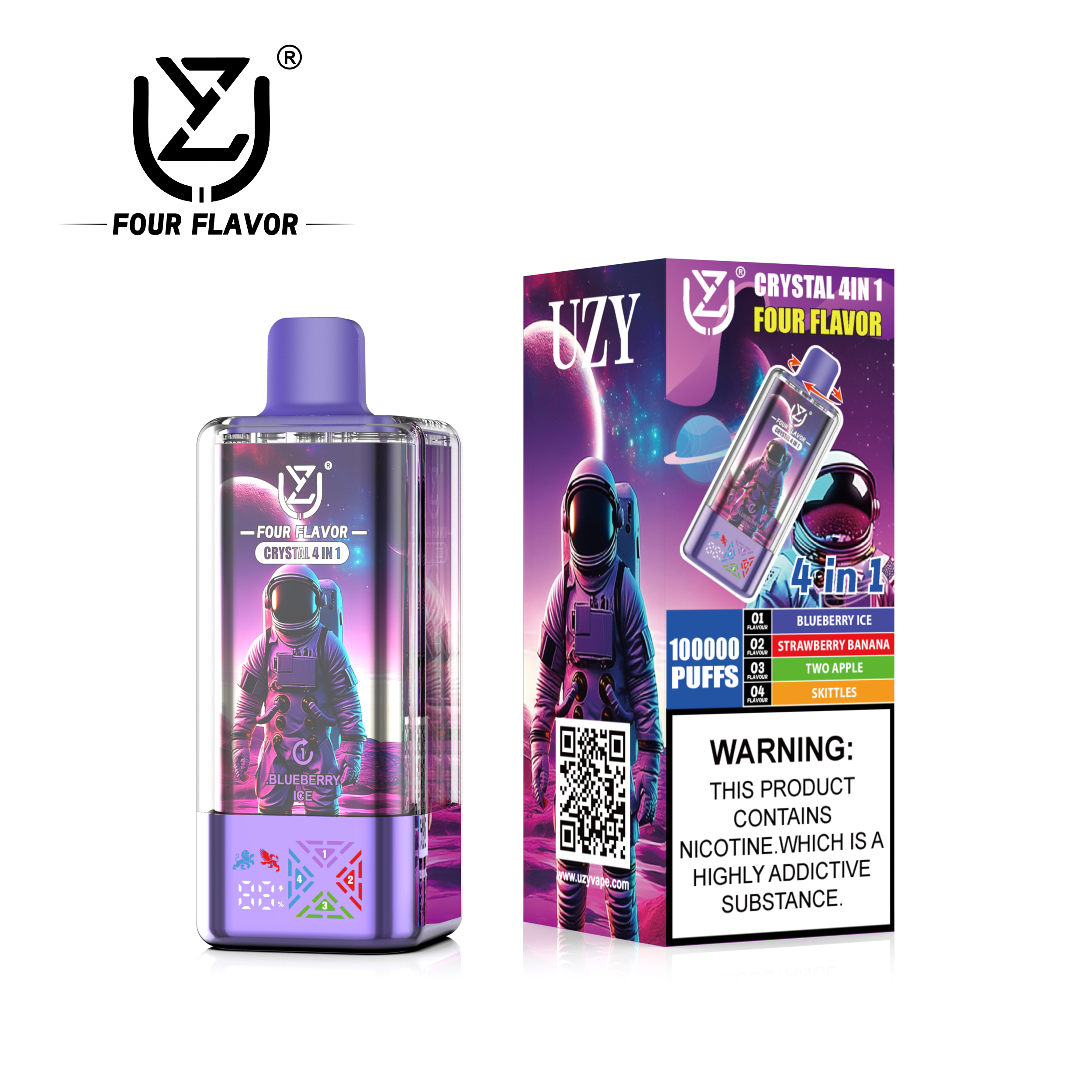 UZY Crystal 4-in-1 Disposable Vape 100000 Puffs (56ml) | Blueberry Ice, Strawberry Banana, Two Apple & Skittles