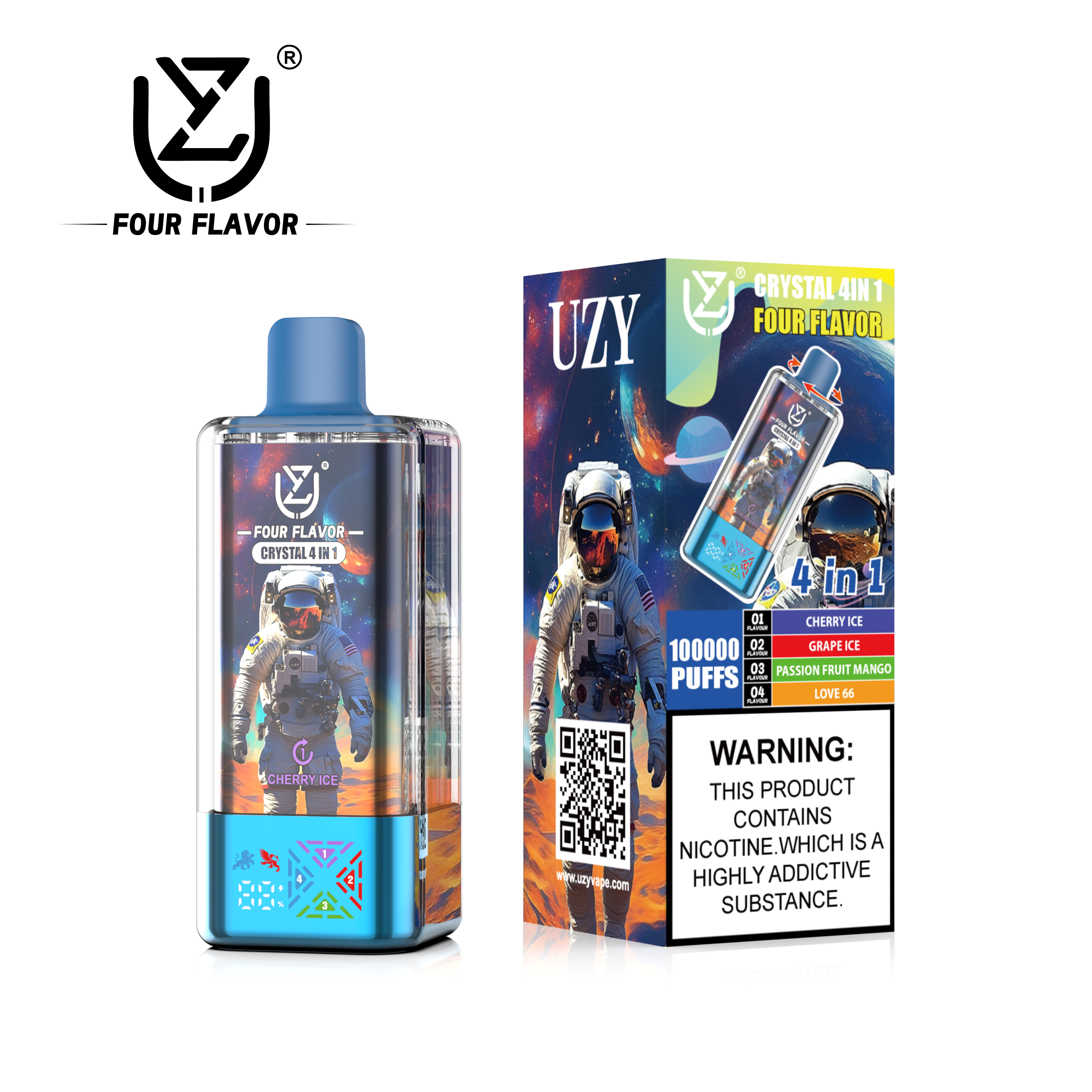 UZY Crystal 4-in-1 Vape 100000 Puffs – Cherry Ice, Grape Ice, Passion Fruit Mango & Love 66 | 56ml, Quad Mesh, Type‑C, LED Display