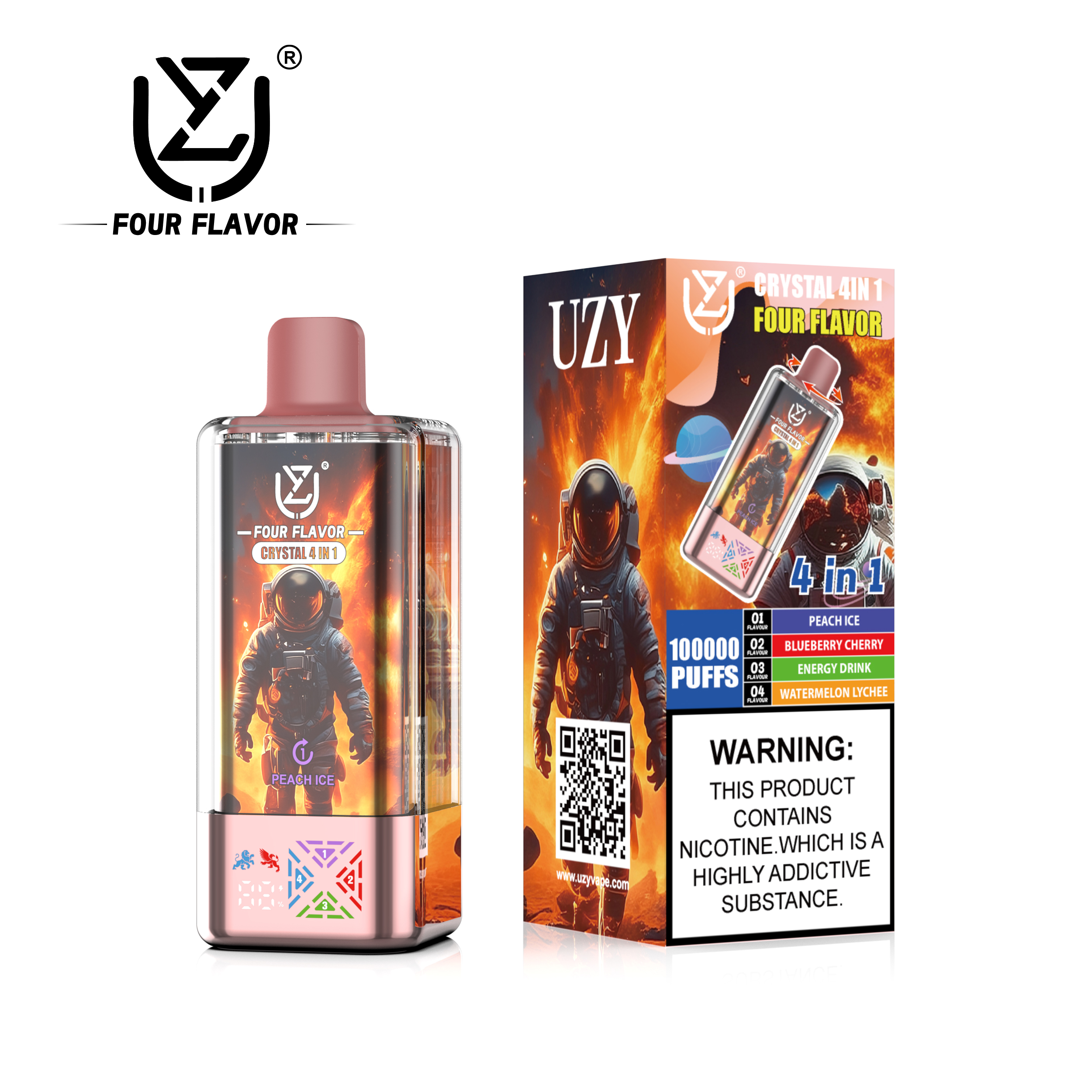 UZY Crystal 4-in-1 Vape 100000 Puffs (56ml) – Peach Ice / Blueberry Cherry / Energy Drink / Watermelon Lychee, Type‑C Rechargeable