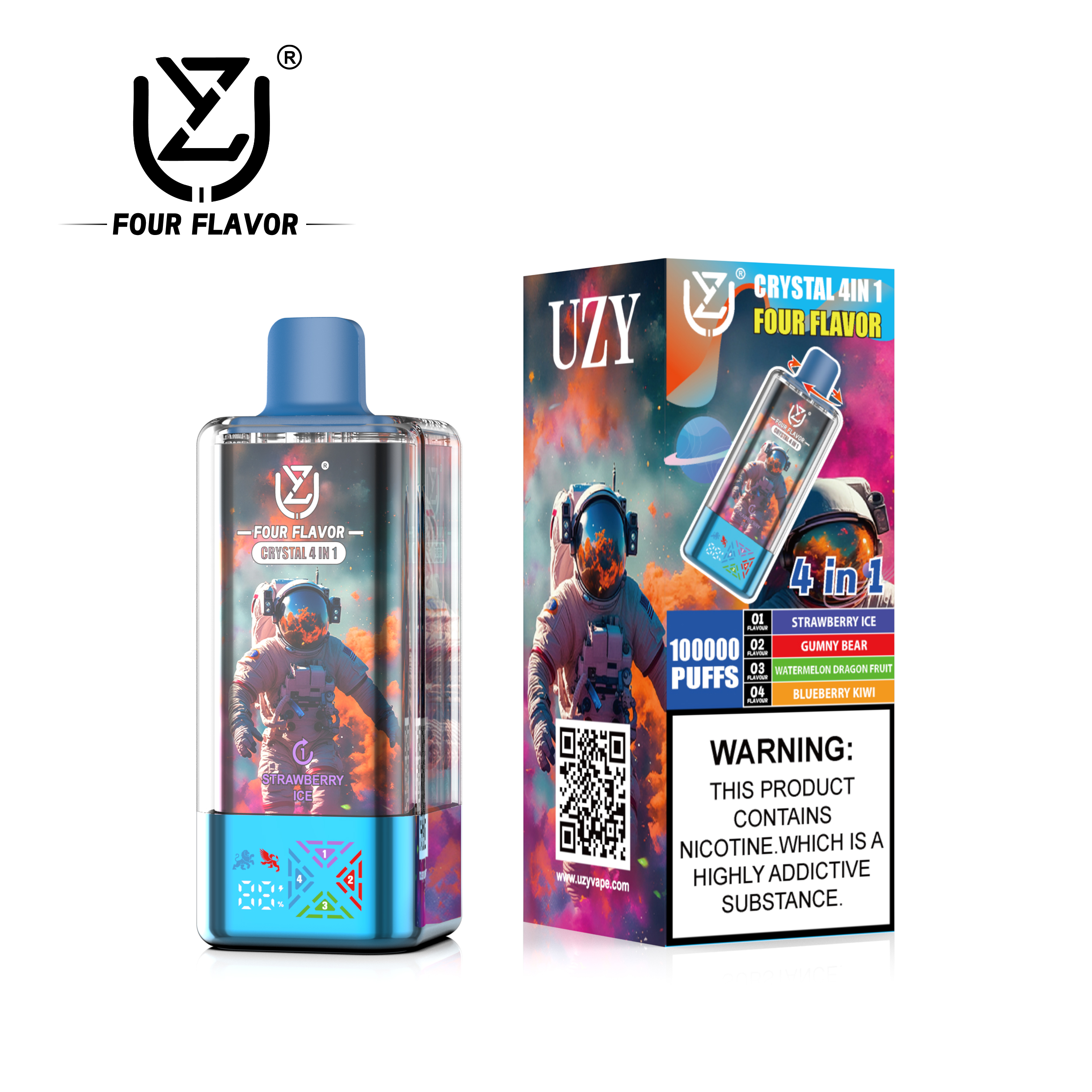 UZY Crystal 4-in-1 Vape 100000 Puffs (56ml) – Strawberry Ice, Gummy Bear, Watermelon Dragon Fruit & Blueberry Kiwi