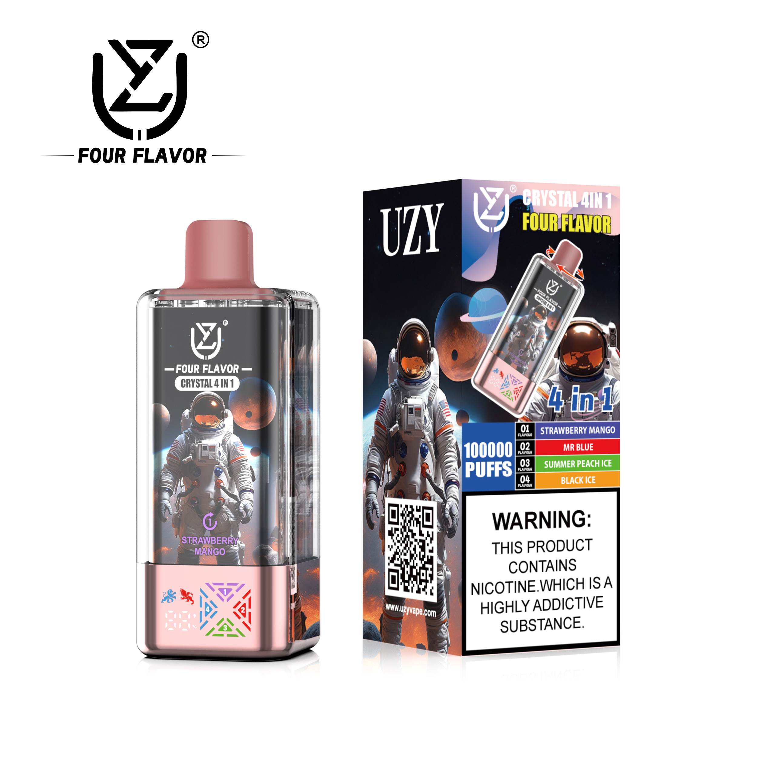 UZY Crystal 4-in-1 Disposable Vape 100000 Puffs – Strawberry Mango, MR Blue, Summer Peach Ice & Black Ice (56ml, Type‑C Rechargeable)