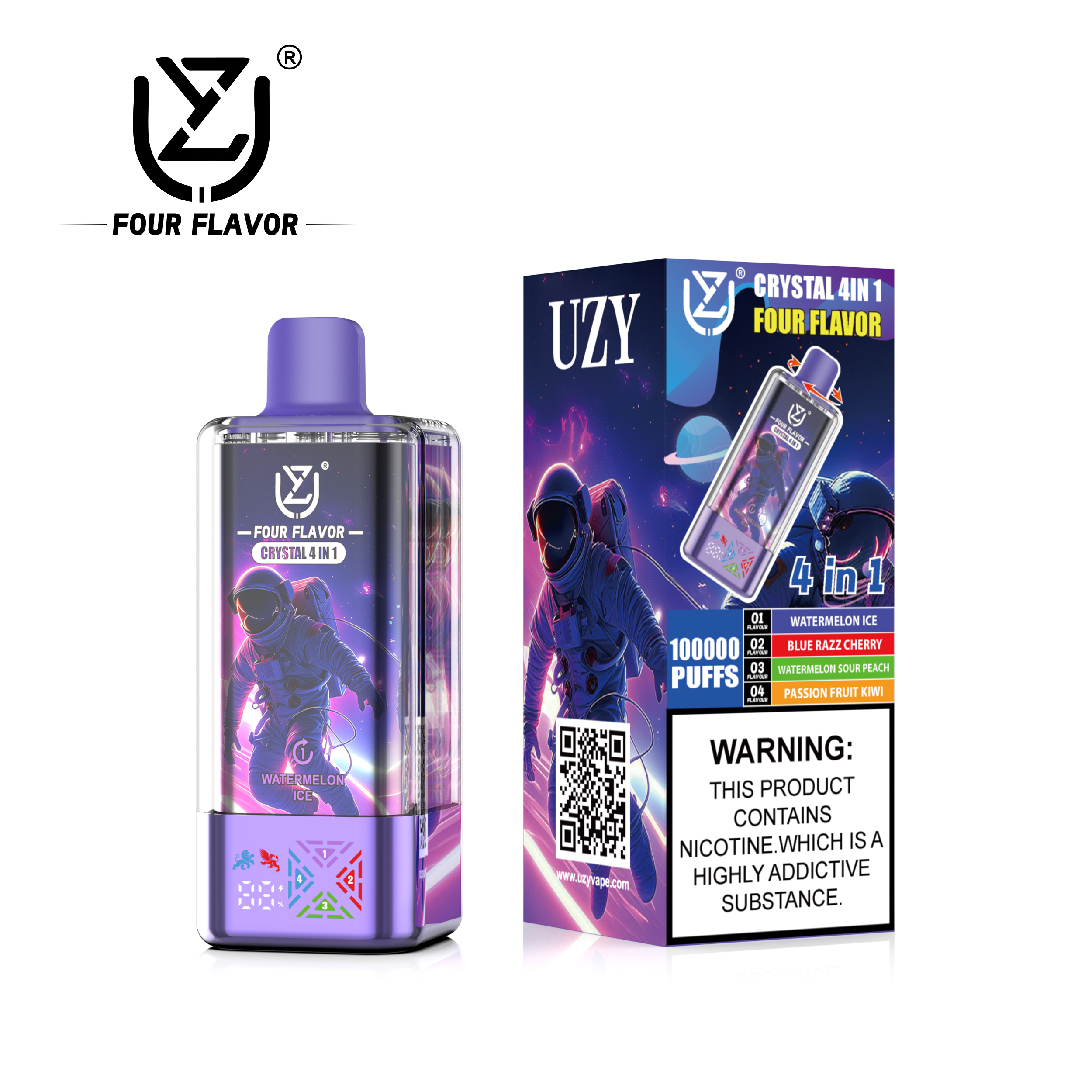 UZY Crystal 4-in-1 Vape 100000 Puffs (56ml) – Watermelon Ice / Blue Razz Cherry / Watermelon Sour Peach / Passion Fruit Kiwi