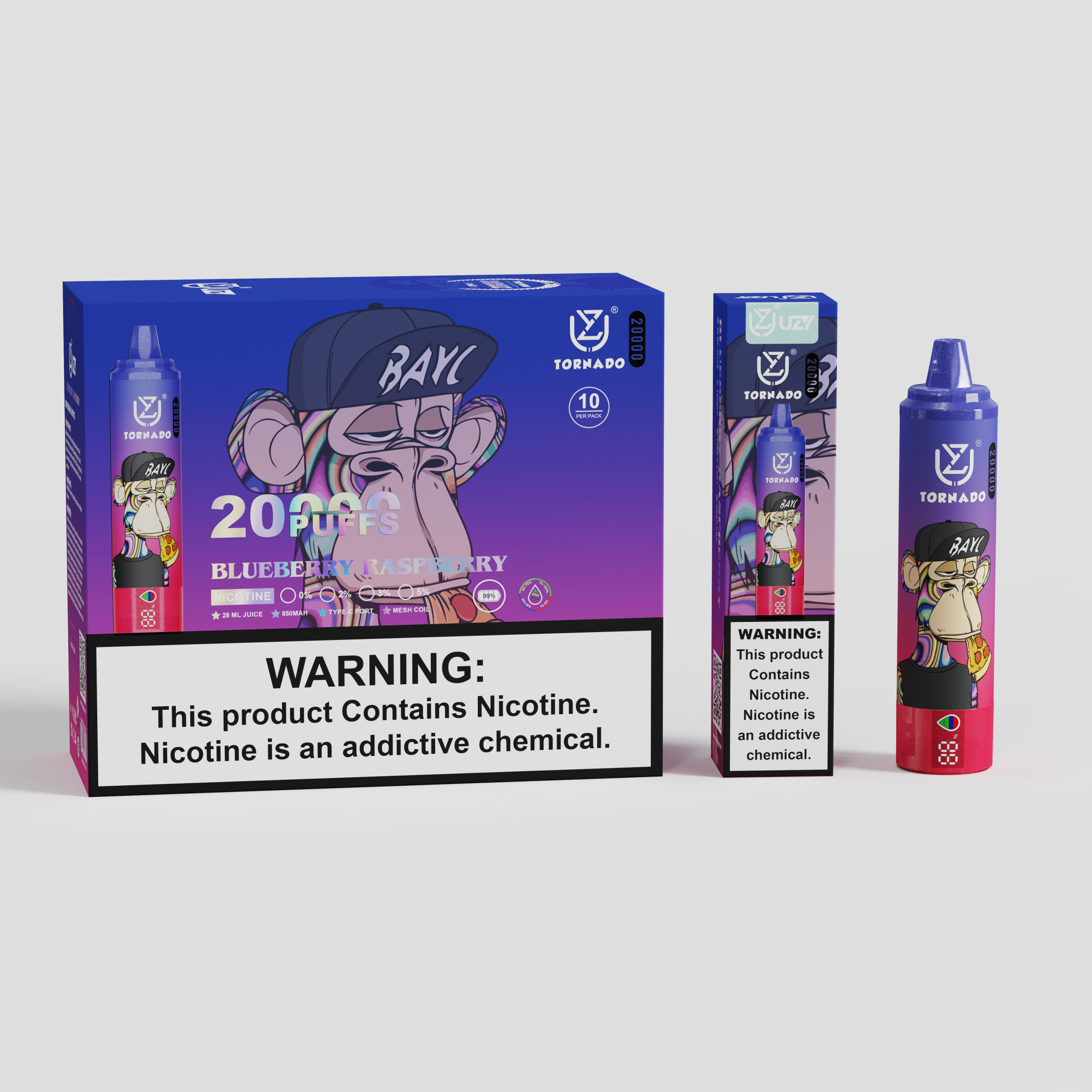 UZY Tornado 20000 Puffs Blueberry Raspberry Disposable Vape (28ml, Rechargeable Type‑C)