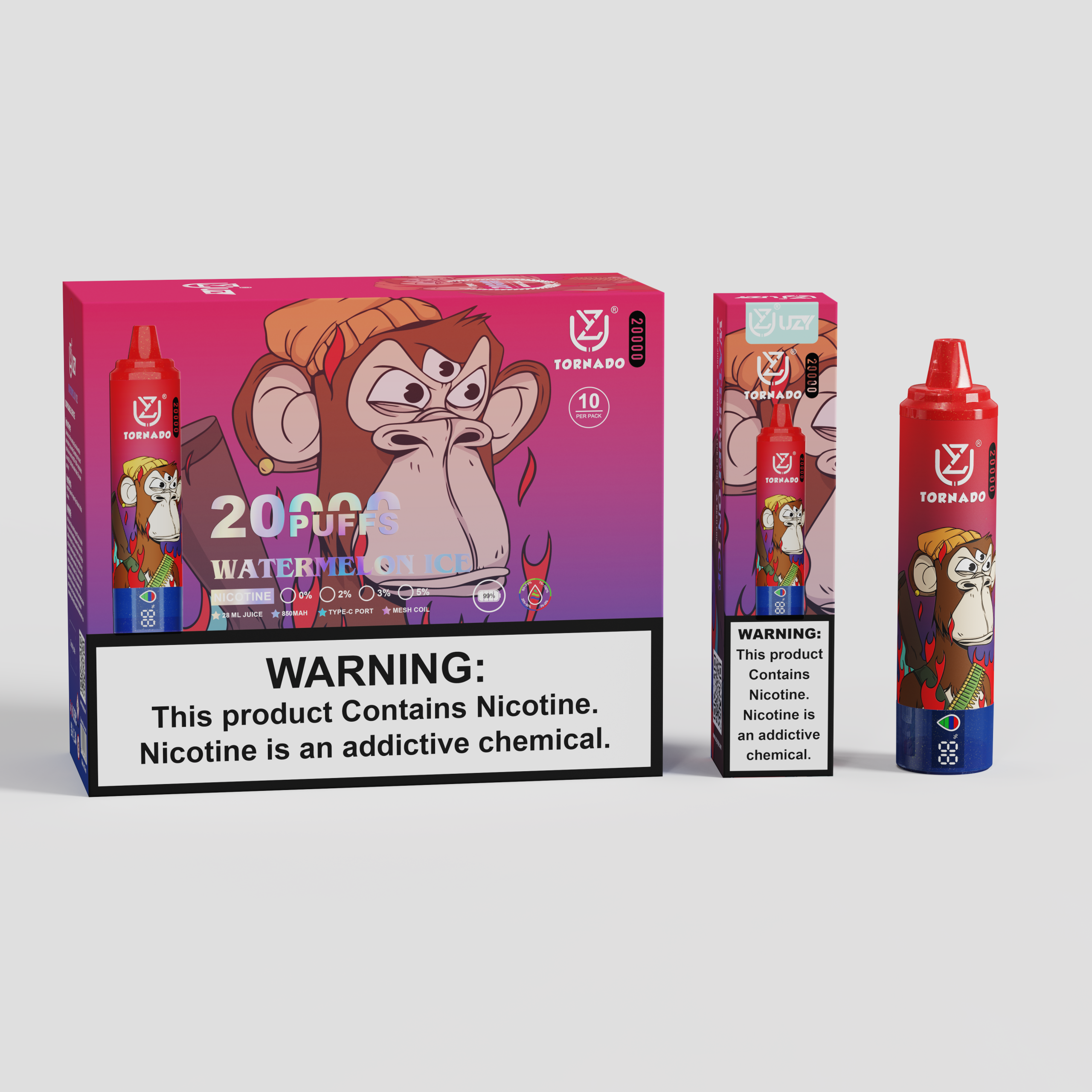 UZY Tornado 20000 Puffs Watermelon Ice Disposable Vape (28ml, Rechargeable Type‑C)