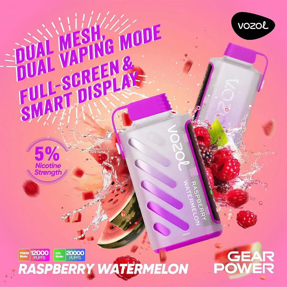 Vozol Gear Power 20000 Puffs Raspberry Watermelon Disposable Vape 5% Nicotine (20ml, Dual Mesh, Display)
