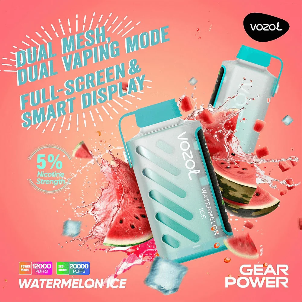 Vozol Gear Power 20000 Puffs Watermelon Ice Disposable Vape 20ml 5% Nicotine – Dual Mesh Coil, Full Screen Display, Adjustable Airflow