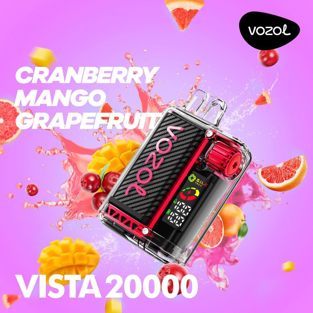 Vozol Vista 20K Puffs Cranberry Mango Grapefruit Disposable Vape (24ml, 5% Nicotine, Dual Mesh, Type‑C)