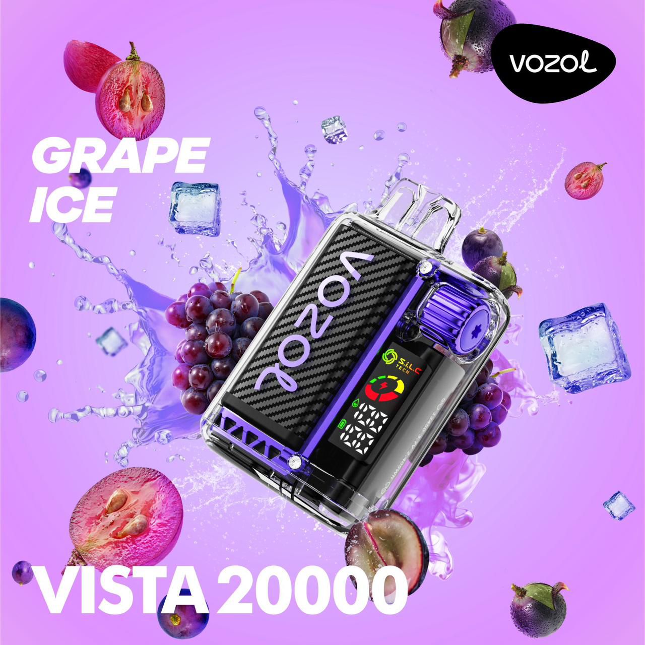 Vozol Vista 20K Puffs Grape Ice Disposable Vape (24ml, 5% Nicotine, Transparent Crystal + Smart Display)