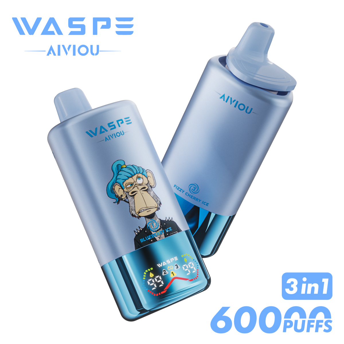 WASPE Triple Flavor 60000 Puffs Disposable Vape – Blueberry Ice / Black Dragon Ice / Fizzy Cherry Ice (54ml, LED, USB-C)