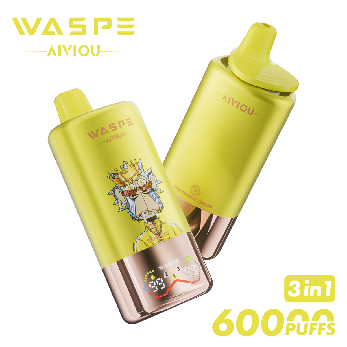 WASPE Triple Flavor 60000 Puffs Disposable Vape (54ml) – Peach Ice / Pineapple Mango Peach / Cranberry Lemon, 650mAh USB‑C, LED Display
