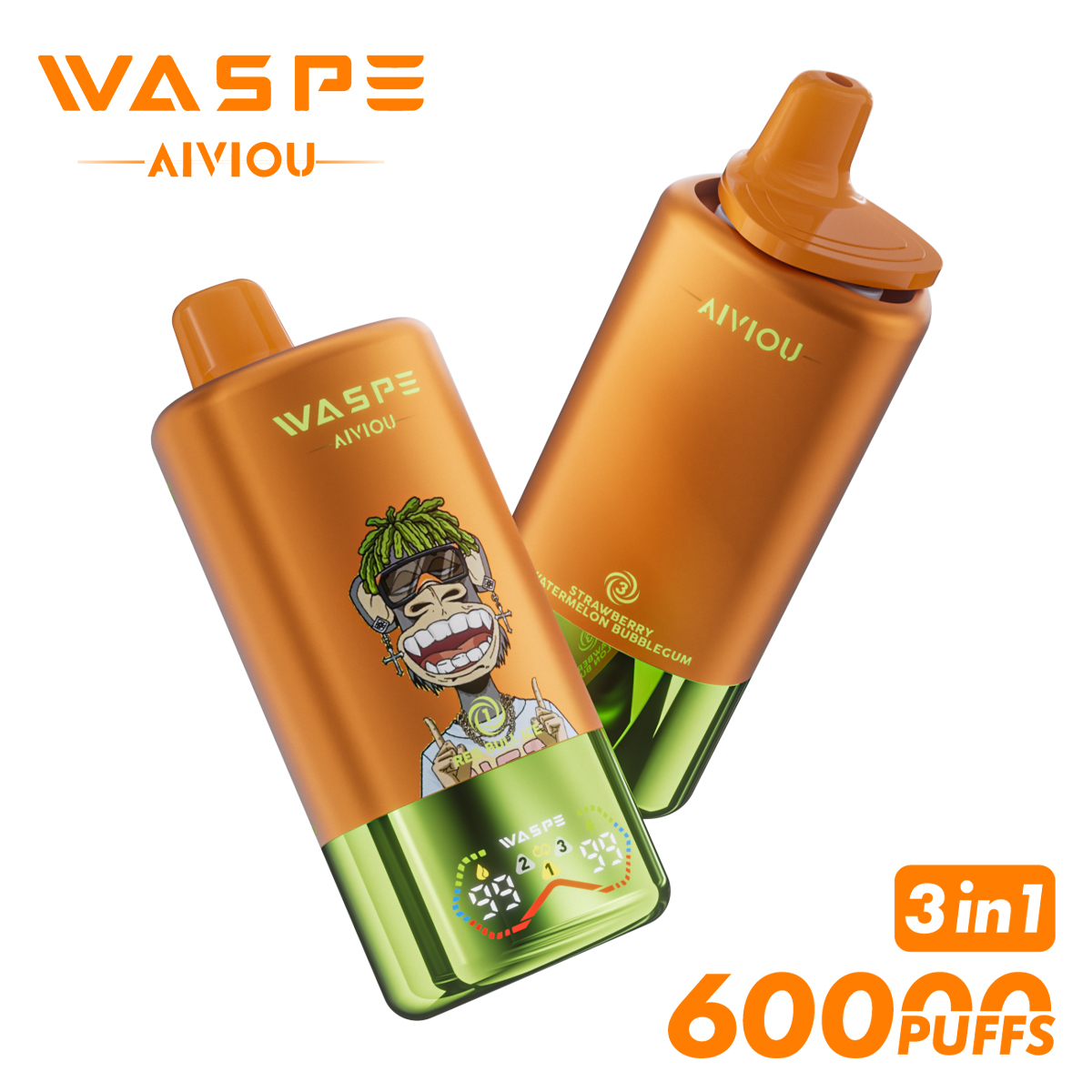 WASPE Triple Flavor 60000 Puffs Disposable Vape (54ml) – Red Bull Ice / Strawberry Mango / Strawberry Watermelon Bubblegum, LED Display, Type‑C Rechargeable