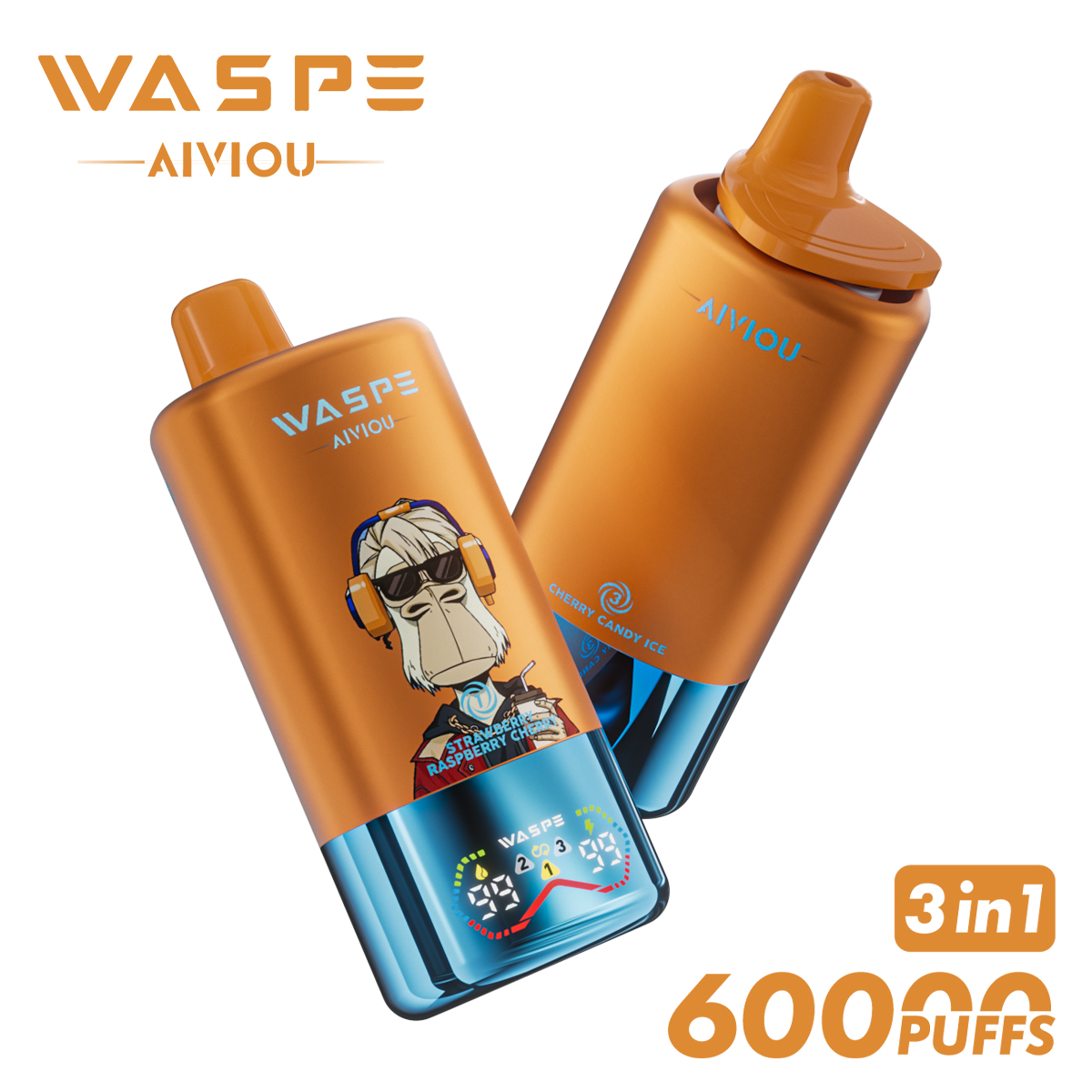 WASPE Triple Flavor 60000 Puffs Disposable Vape (54ml) – Strawberry Raspberry Cherry / Love 666 / Cherry Candy Ice, LED Display, USB‑C Rechargeable