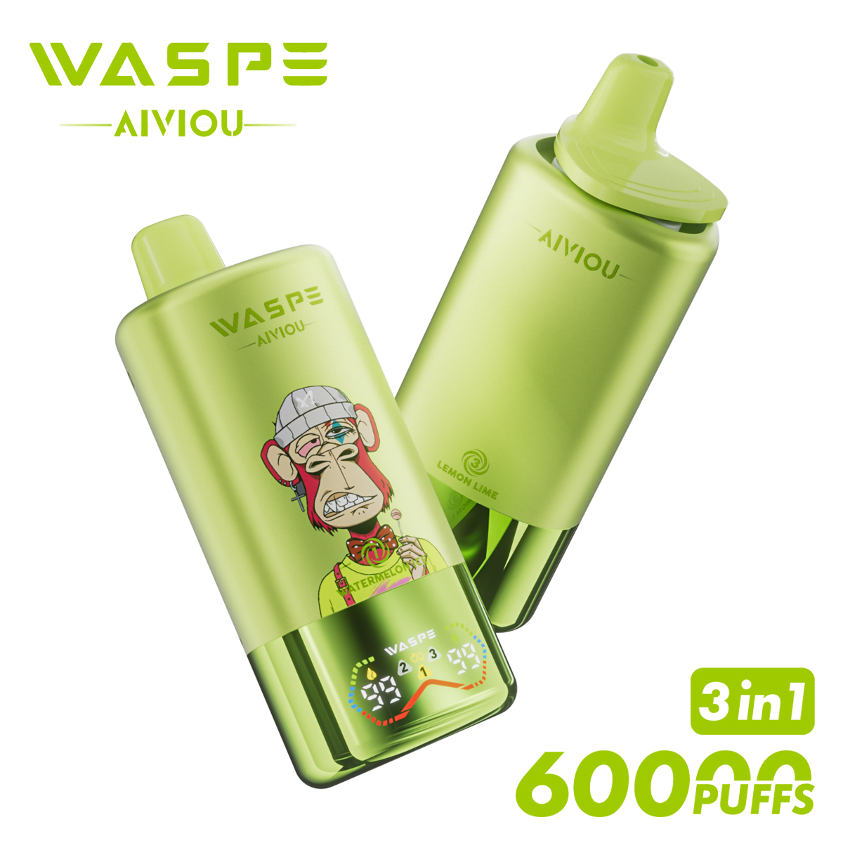 WASPE Triple Flavor 60000 Puffs Disposable Vape – Watermelon Ice / Strawberry Kiwi / Lemon Lime (54ml, LED Display, Type‑C, 650mAh)