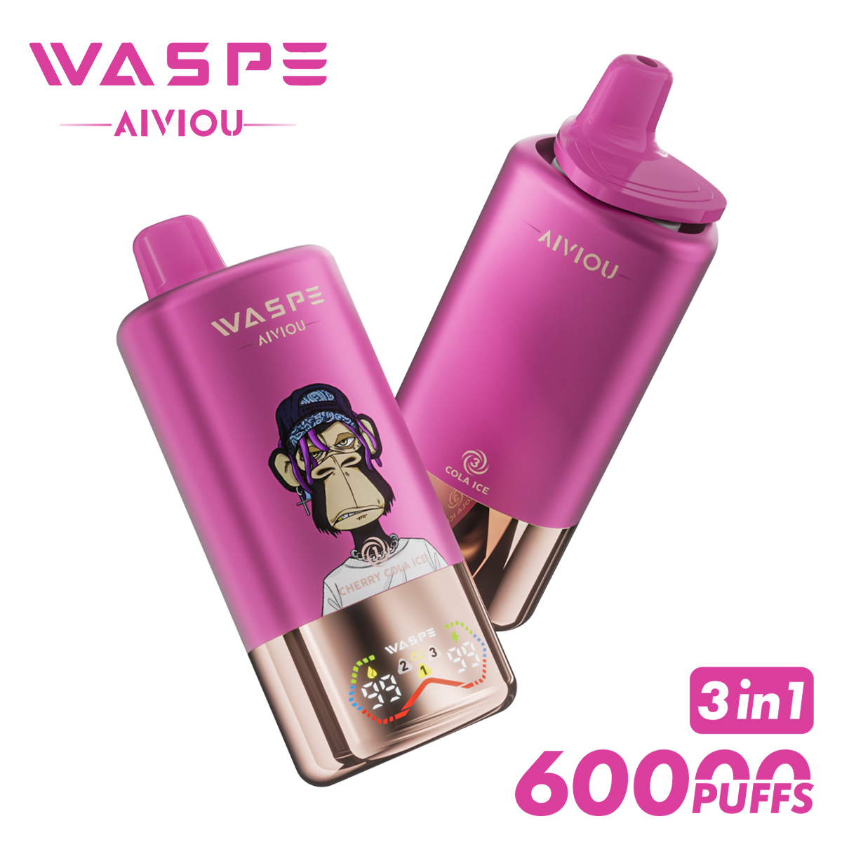 WASPE Triple Flavor 60000 Puffs Disposable Vape – Cherry Cola Ice / Strawberry Cola / Cola Ice (54ml, LED Display, USB-C Rechargeable)