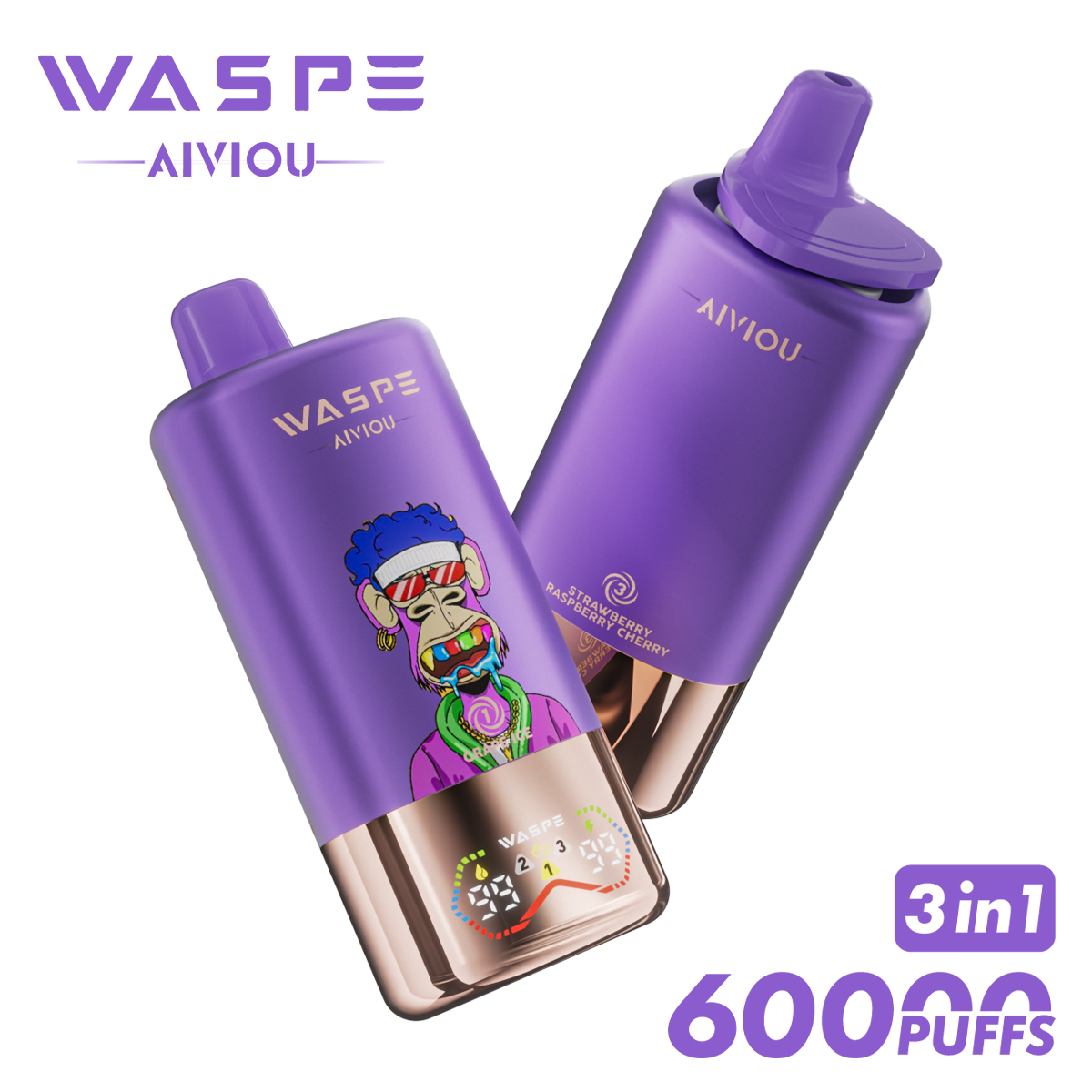 WASPE Triple Flavor 60000 Puffs Disposable Vape – Grape Ice, Strawberry Candy & Strawberry Raspberry Cherry (54ml, Rechargeable, LED Display)