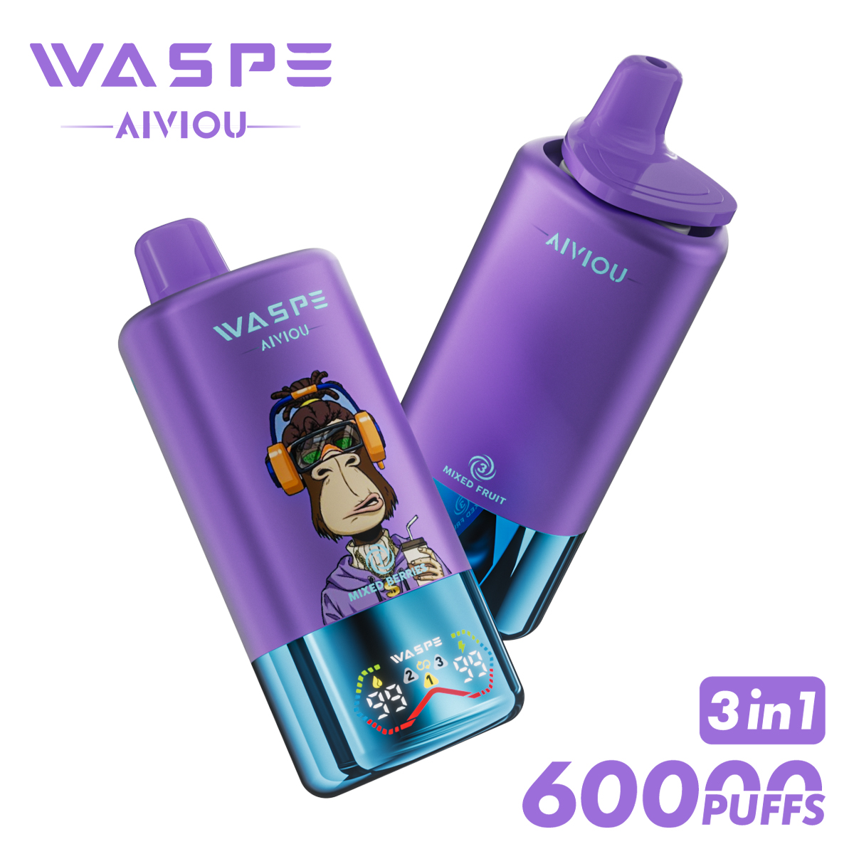 WASPE Triple Flavor 60000 Puffs Disposable Vape (54ml) – Mixed Berries / Gummy Bear / Mixed Fruit, LED Display, USB-C Rechargeable