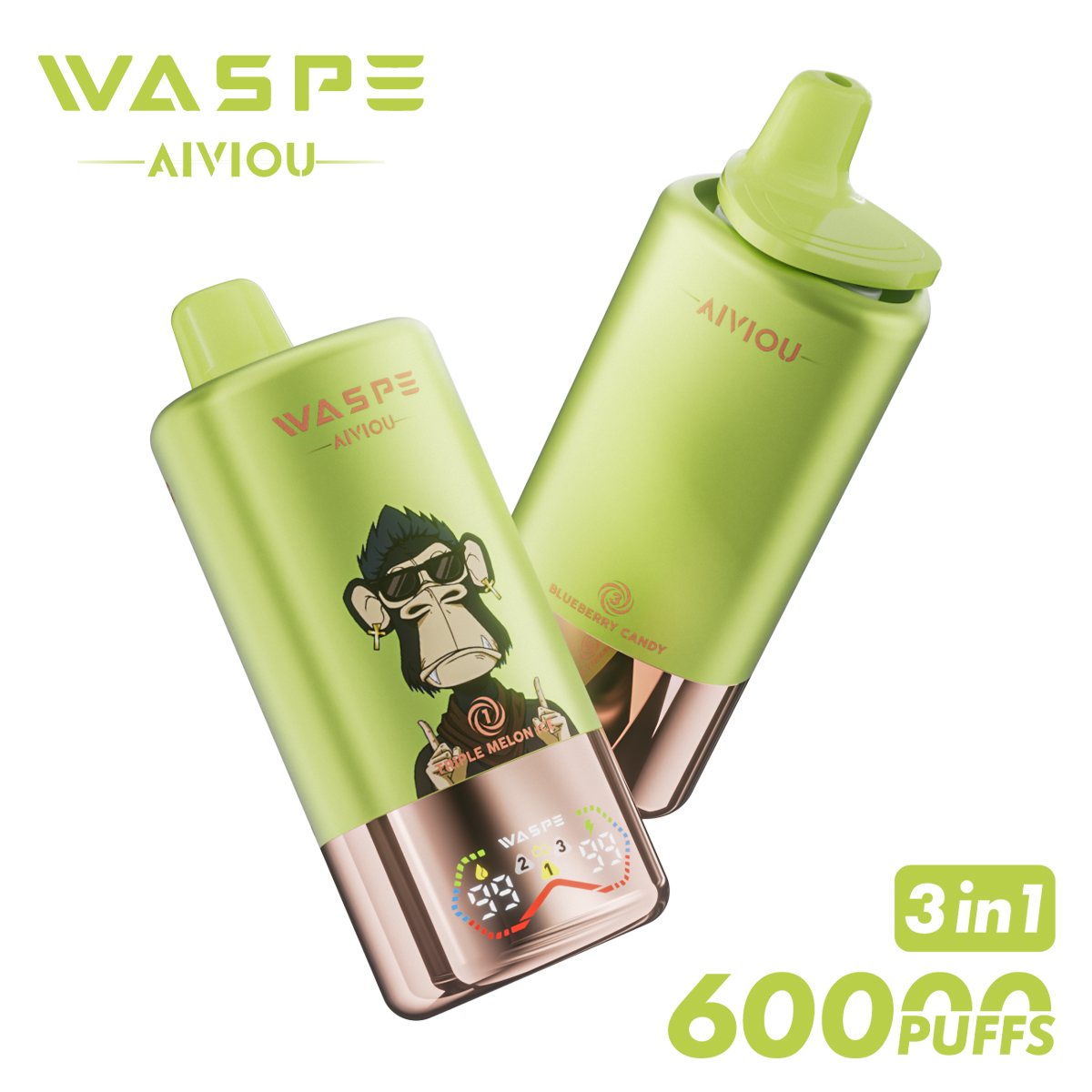WASPE Triple Flavor 60000 Puffs Disposable Vape – Triple Melon Ice / Rainbow Candy / Blueberry Candy (54ml, LED Display, USB‑C Rechargeable)