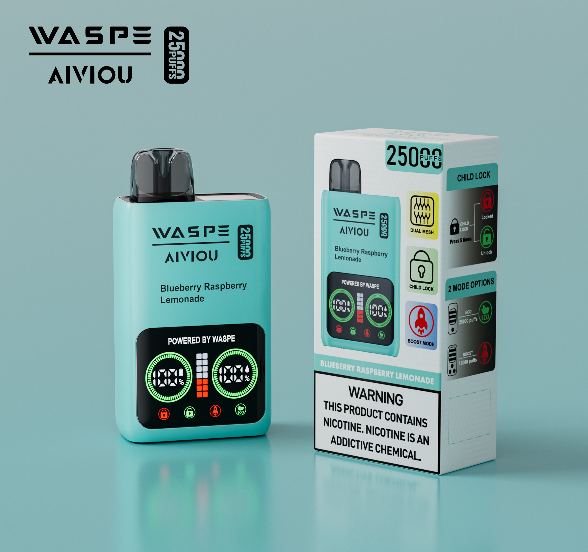 WASPE Aiviou 25000 Puffs Blueberry Raspberry Lemonade Disposable Vape (25ml, Dual Mesh, Display)