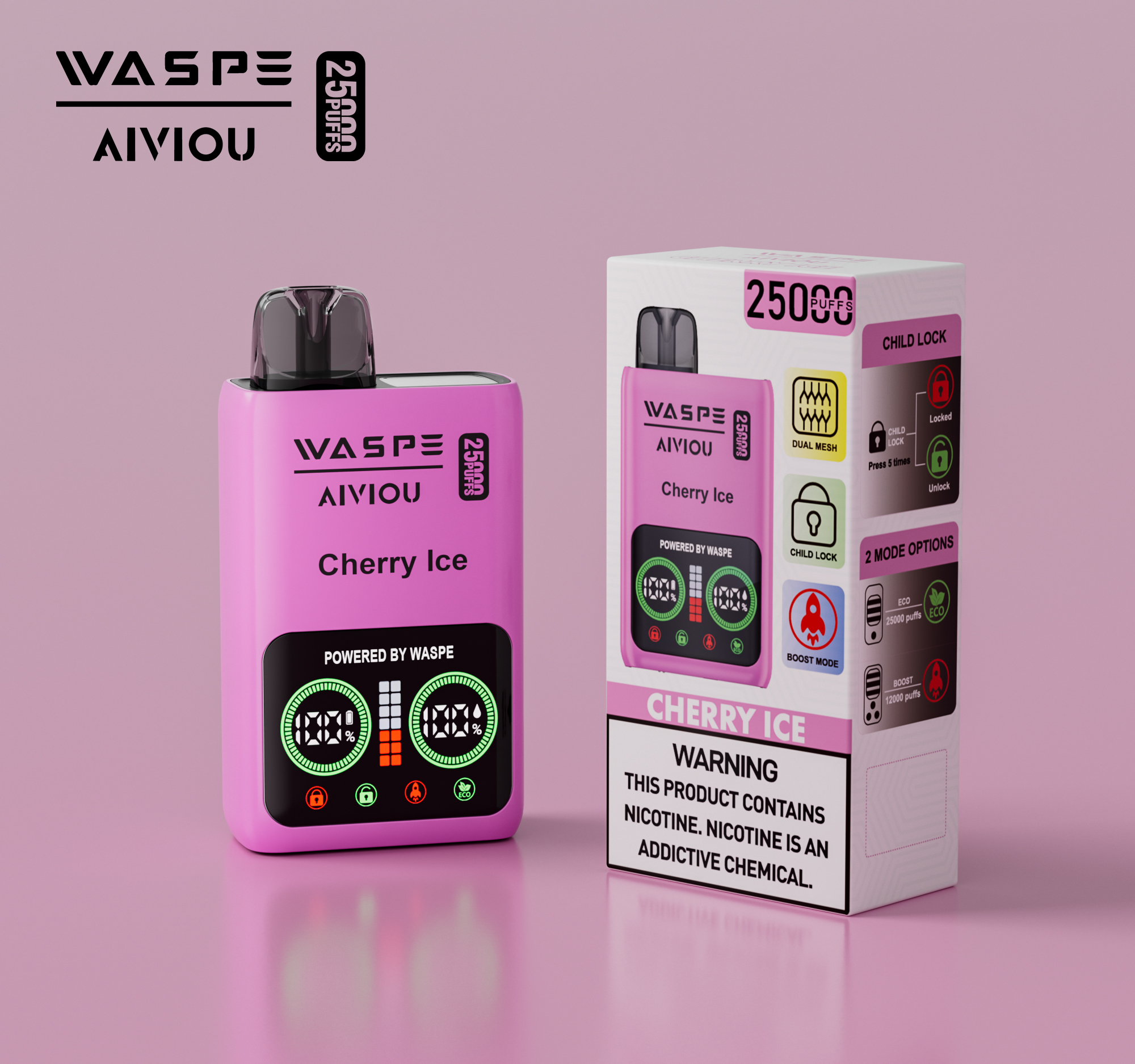 WASPE-Aiviou Cherry Ice Disposable Vape 25000 Puffs (25ml, Dual Mesh, LED Display, Type‑C)