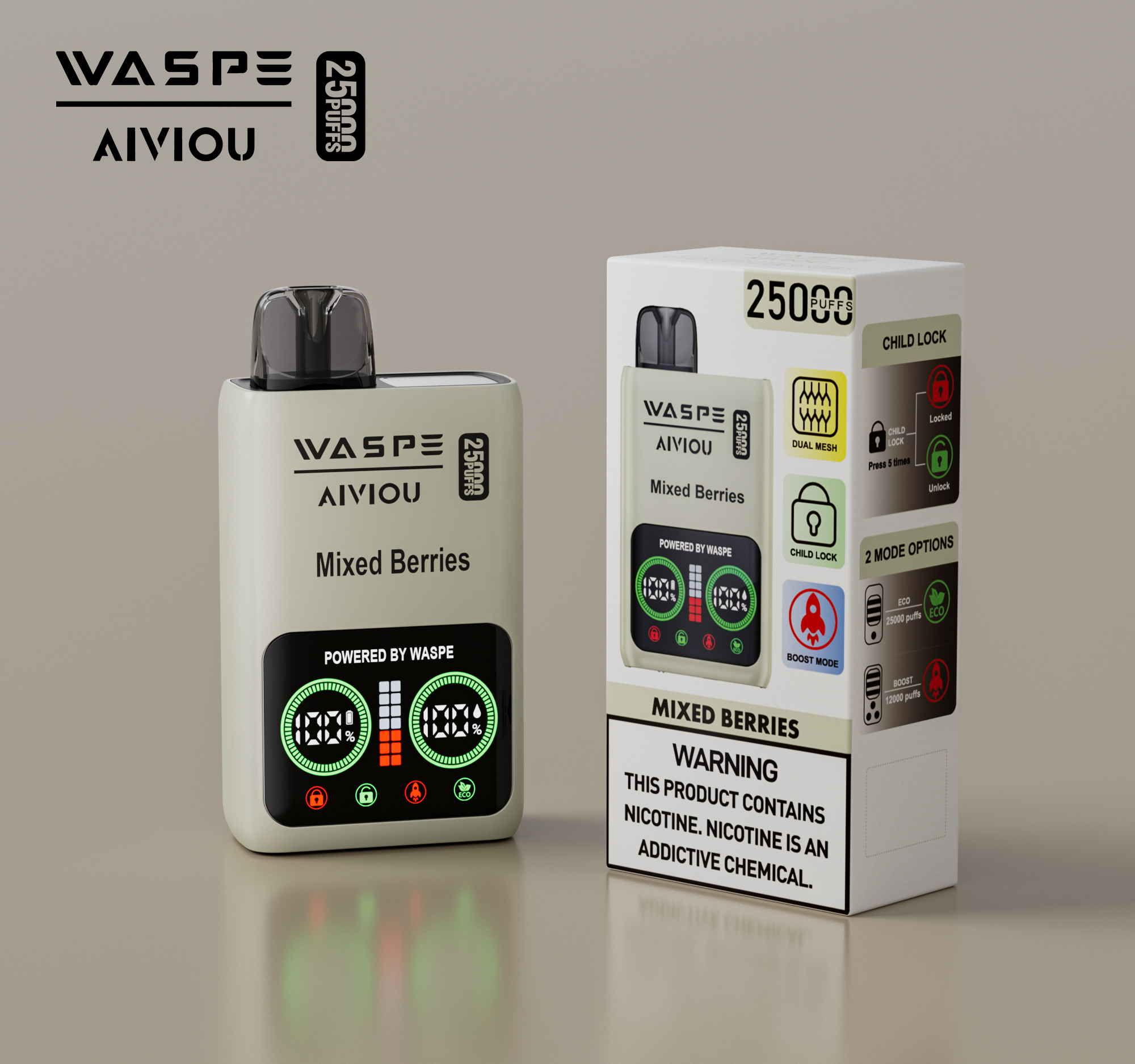 WASPE-Aiviou Mixed Berries Disposable Vape 25000 Puffs (25ml, Dual Mesh, LED Display)