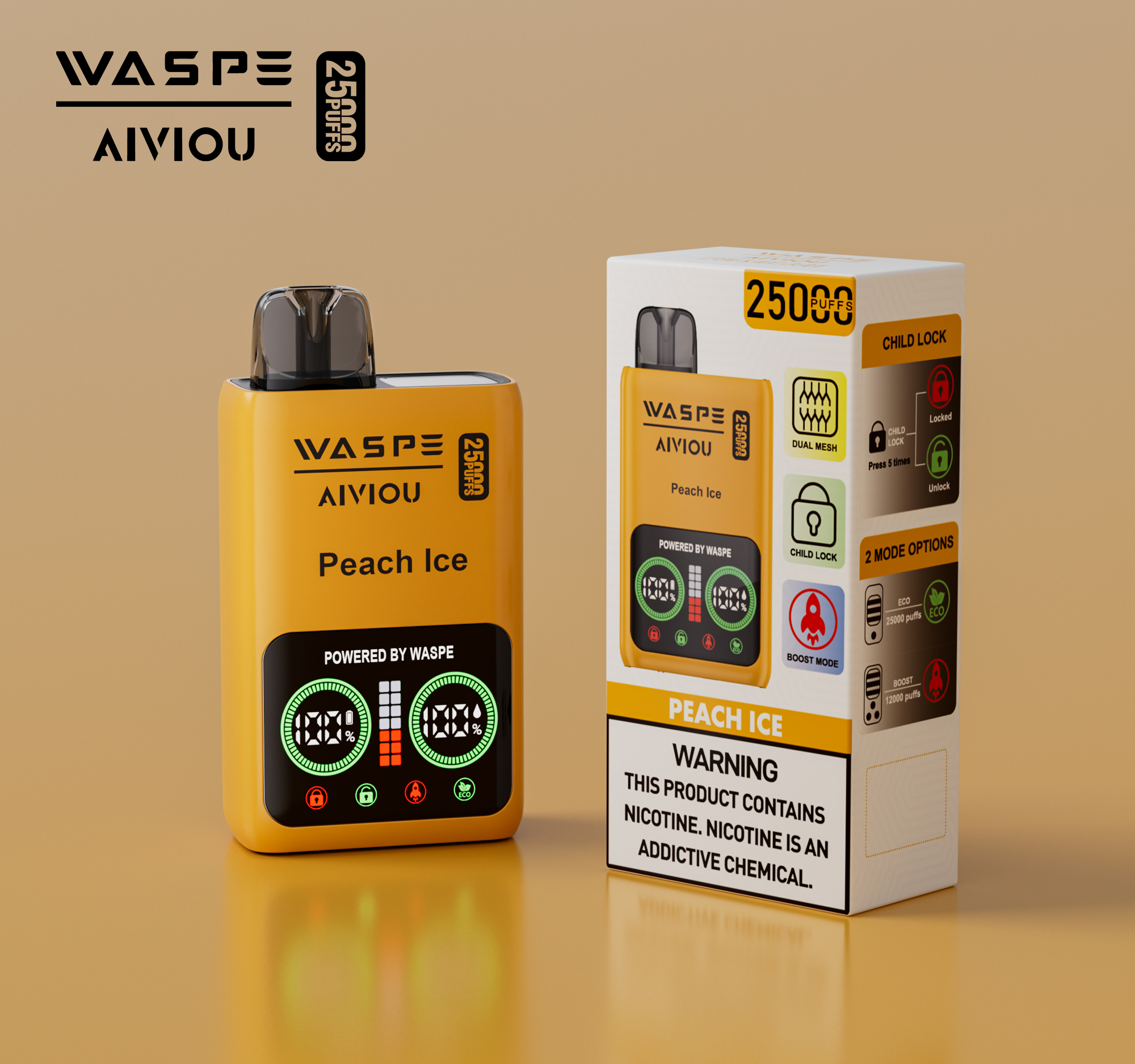 WASPE-Aiviou 25000 Puffs Peach Ice Disposable Vape (25ml, Dual Mesh, LED Display, Type‑C, 0/2/5% Nicotine)