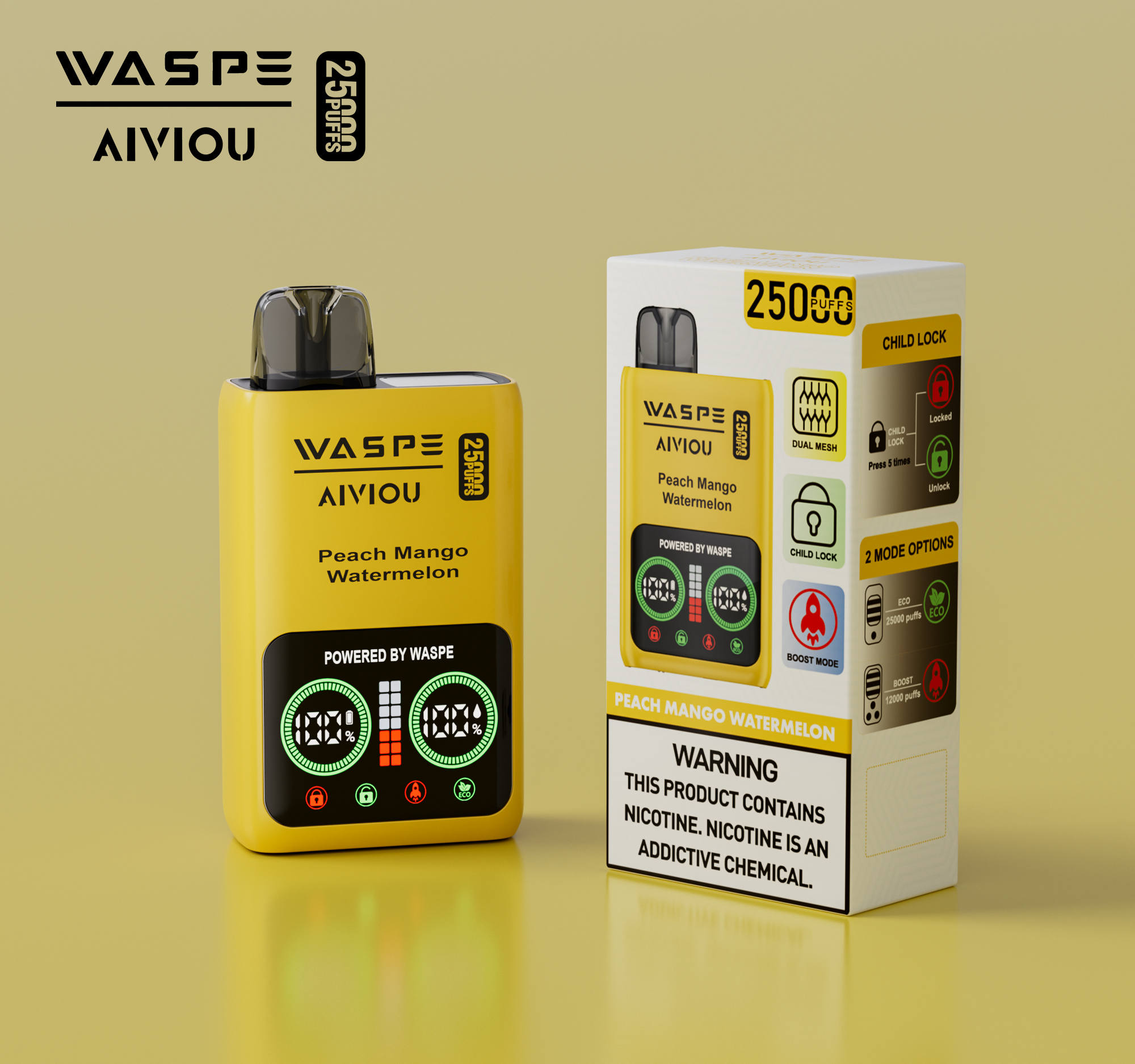 WASPE Aiviou 25000 Puffs Peach Mango Watermelon Disposable Vape (25ml, Dual Mesh, USB‑C, 0/2/5%)