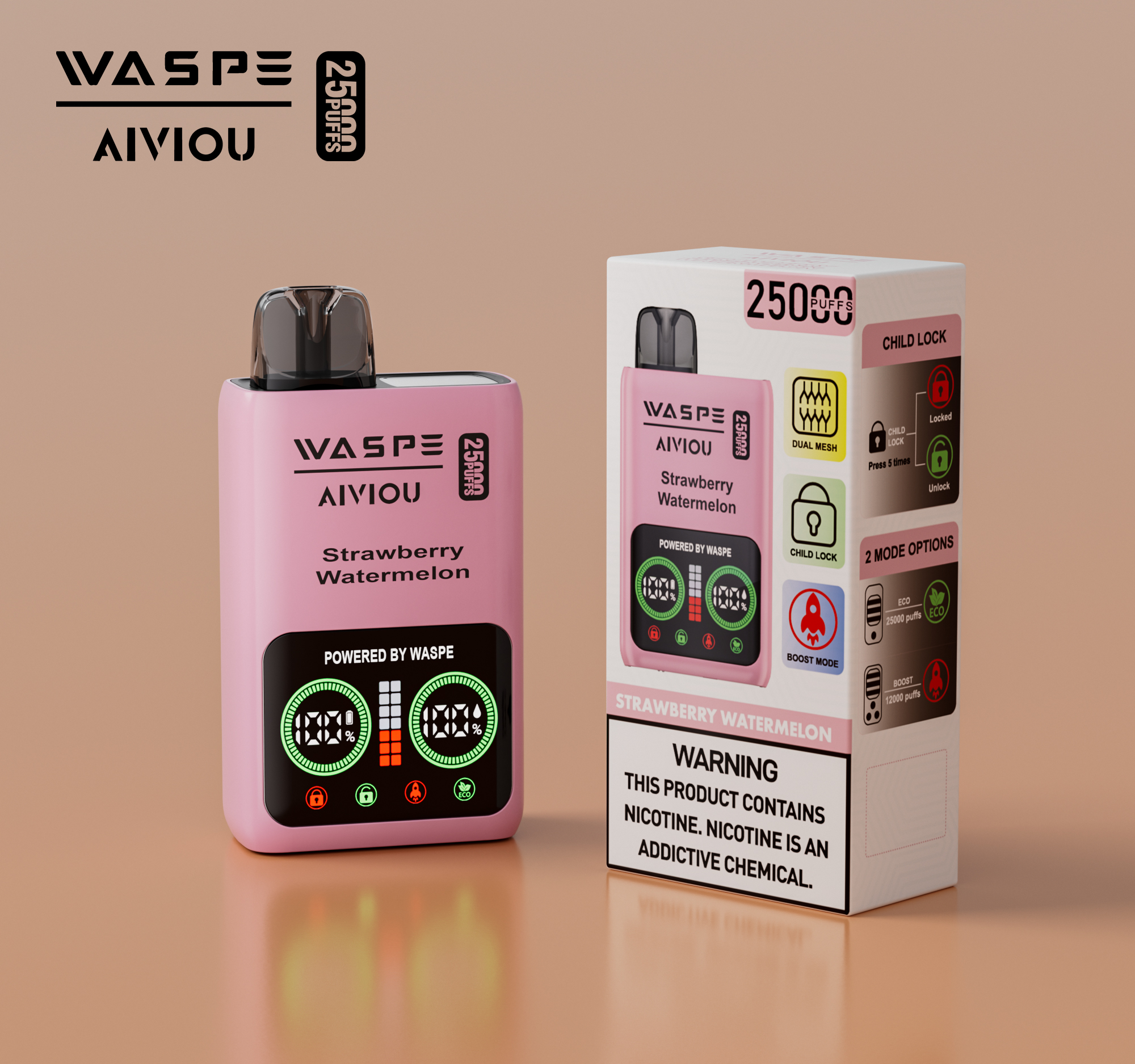 WASPE-Aiviou 25000 Puffs Strawberry Watermelon Ice Disposable Vape | 25ml, Dual Mesh, LED Display, Type-C