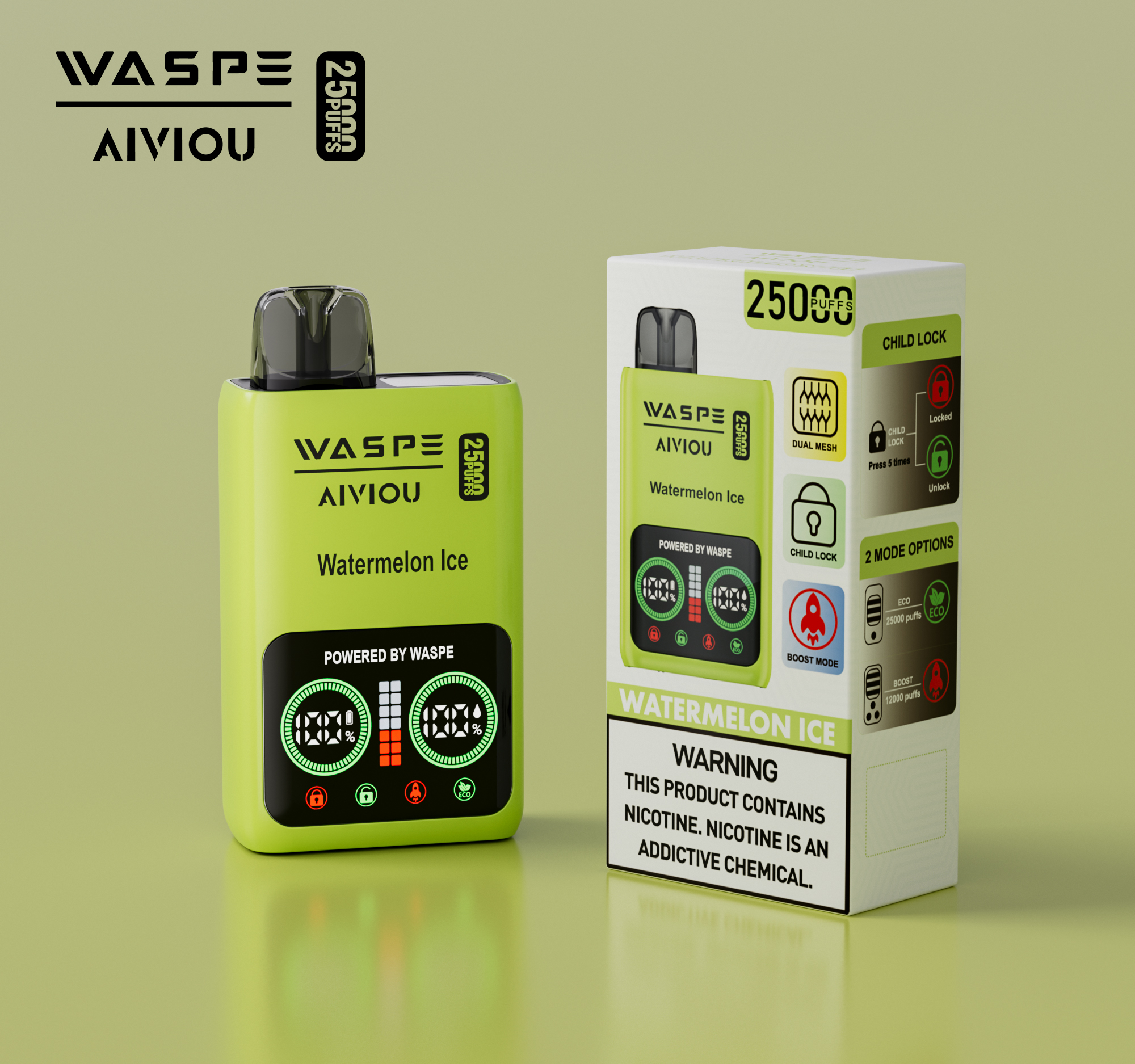 WASPE Aiviou Watermelon Ice Disposable Vape 25000 Puffs | 25ml, Dual Mesh, LED Display, USB‑C