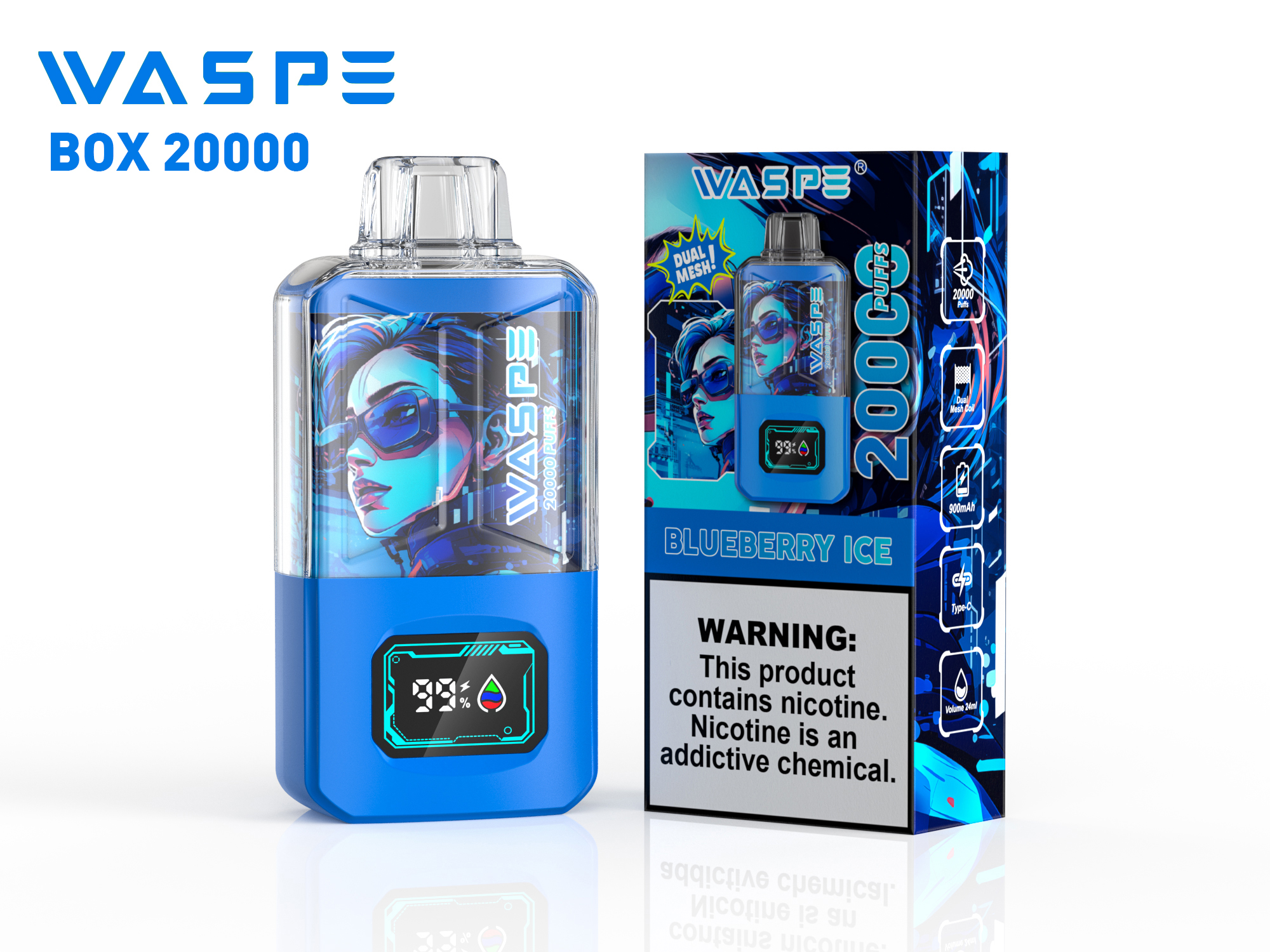WASPE Crystal 20000 Puffs Blueberry Ice Disposable Vape (24ml, Dual Mesh, Type‑C Rechargeable)