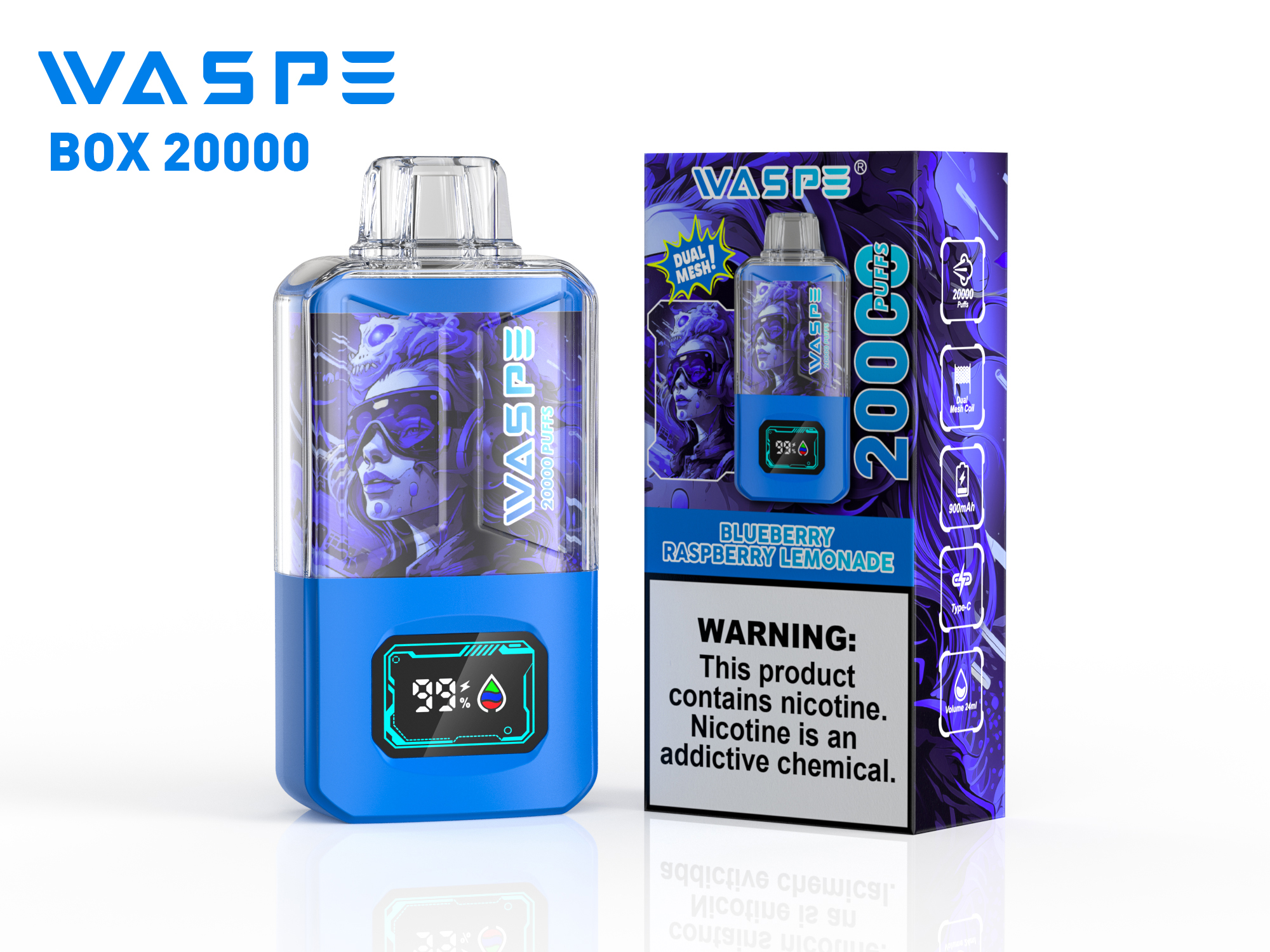 WASPE Crystal 20000 Puffs Blueberry Raspberry Lemonade Disposable Vape (24ml, Dual Mesh, Type‑C)