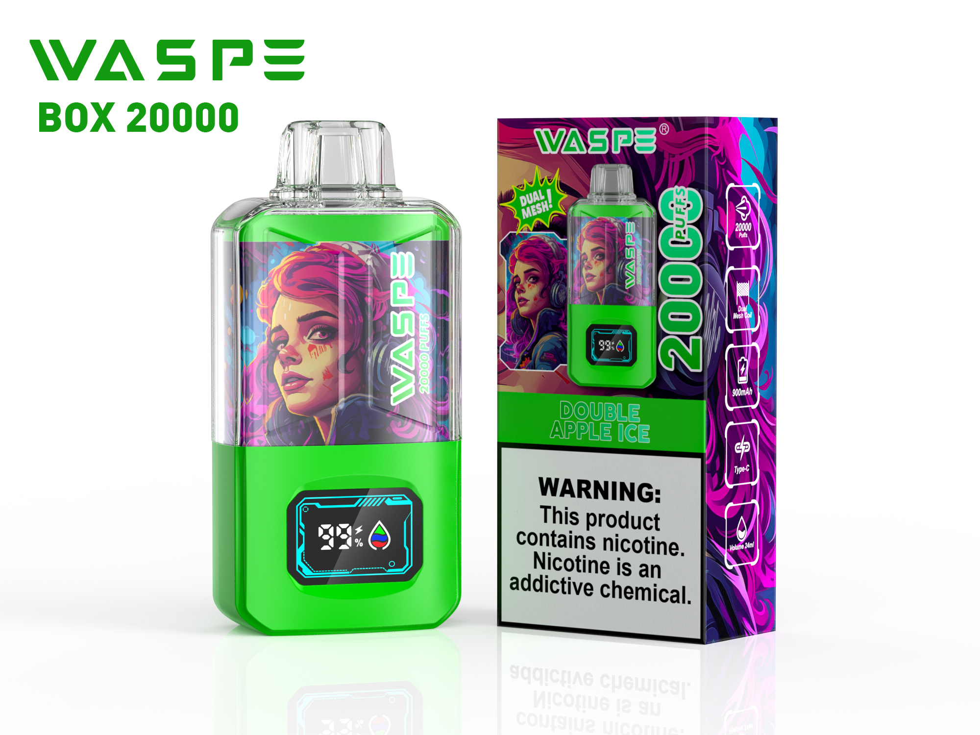 WASPE Crystal 20000 Puffs Double Apple Ice Disposable Vape (24ml, Dual Mesh, LED Display, Type‑C)