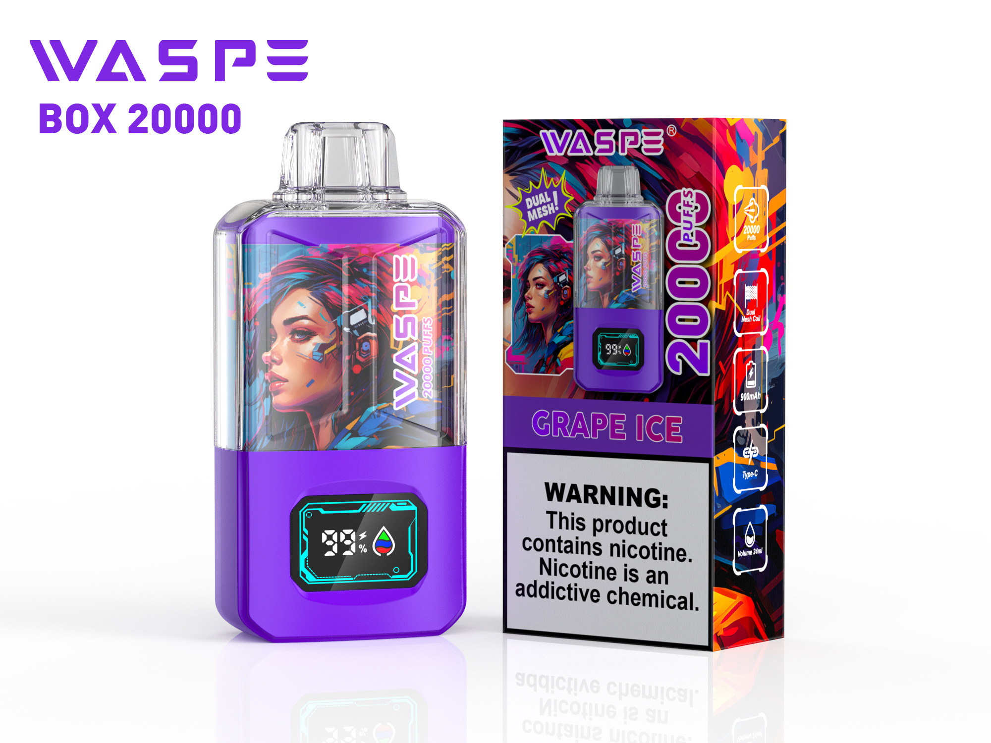 WASPE Crystal 20000 Puffs Grape Ice Disposable Vape | 24ml, Dual Mesh, LED Display, Type‑C Rechargeable