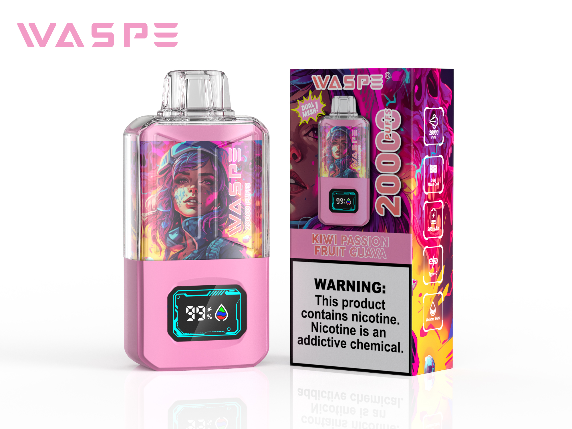 WASPE Crystal 20000 Puffs Kiwi Passion Fruit Guava Disposable Vape (24ml, Dual Mesh, Type‑C)