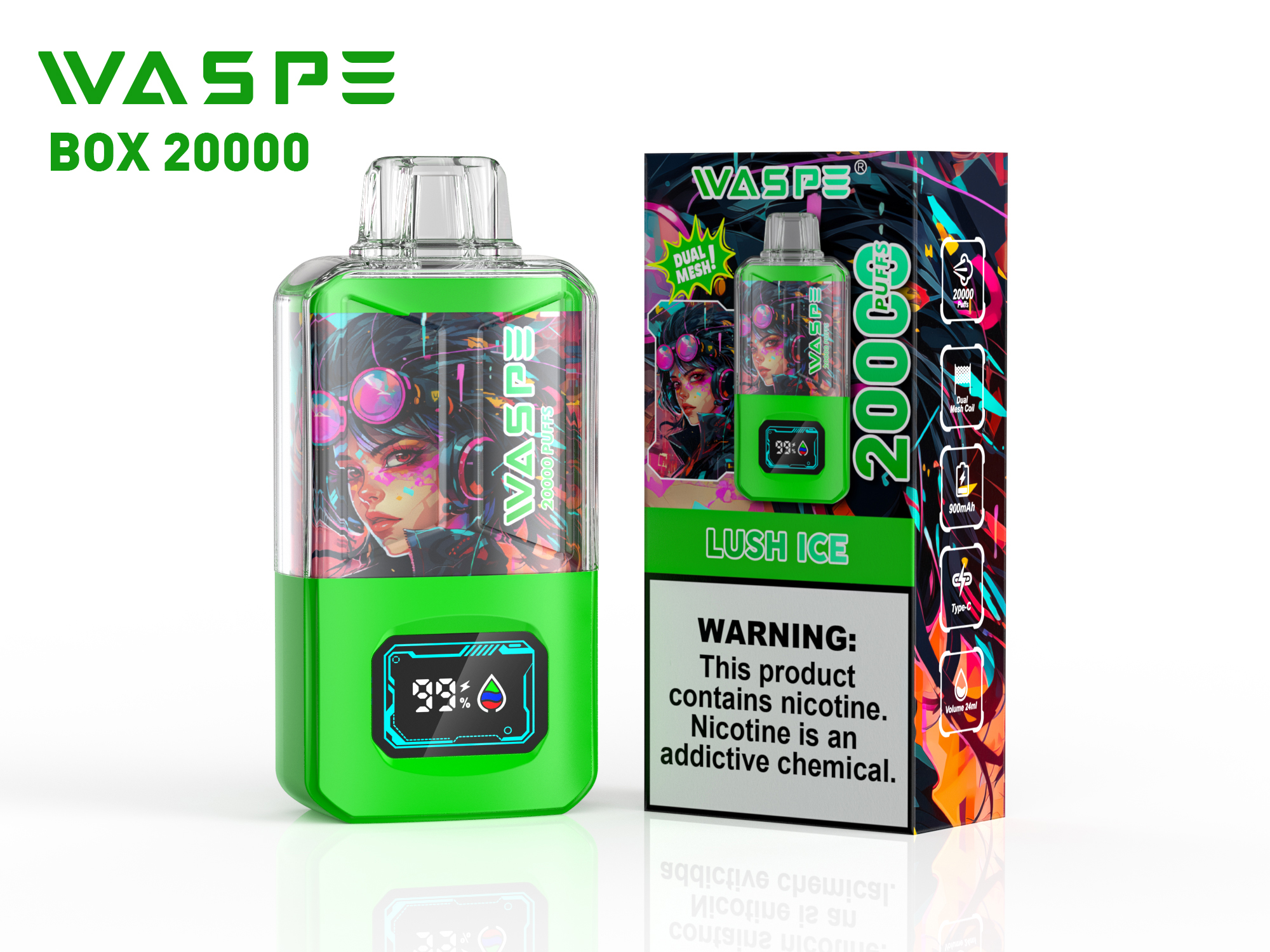 WASPE Crystal 20000 Puffs Lush Ice Disposable Vape (Watermelon Mint) | 24ml, Dual Mesh, USB‑C